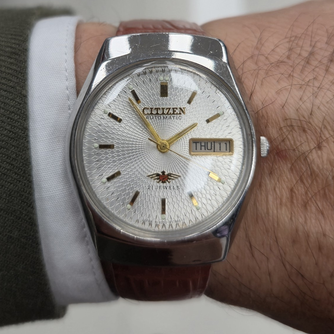 1970s Citizen Eagle 7 Automatic 21J Day/Date TextureSilverDial G Brown Leather