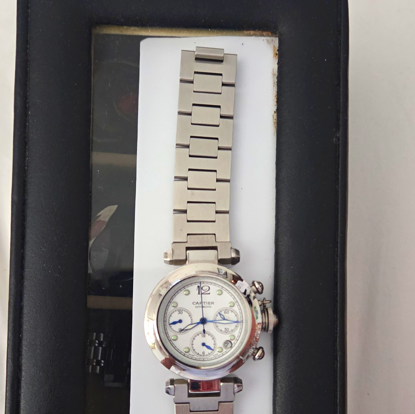 Cartier Pasha Chronograph Quartz 35mm Silver SS Bracelet White/Blue Dial