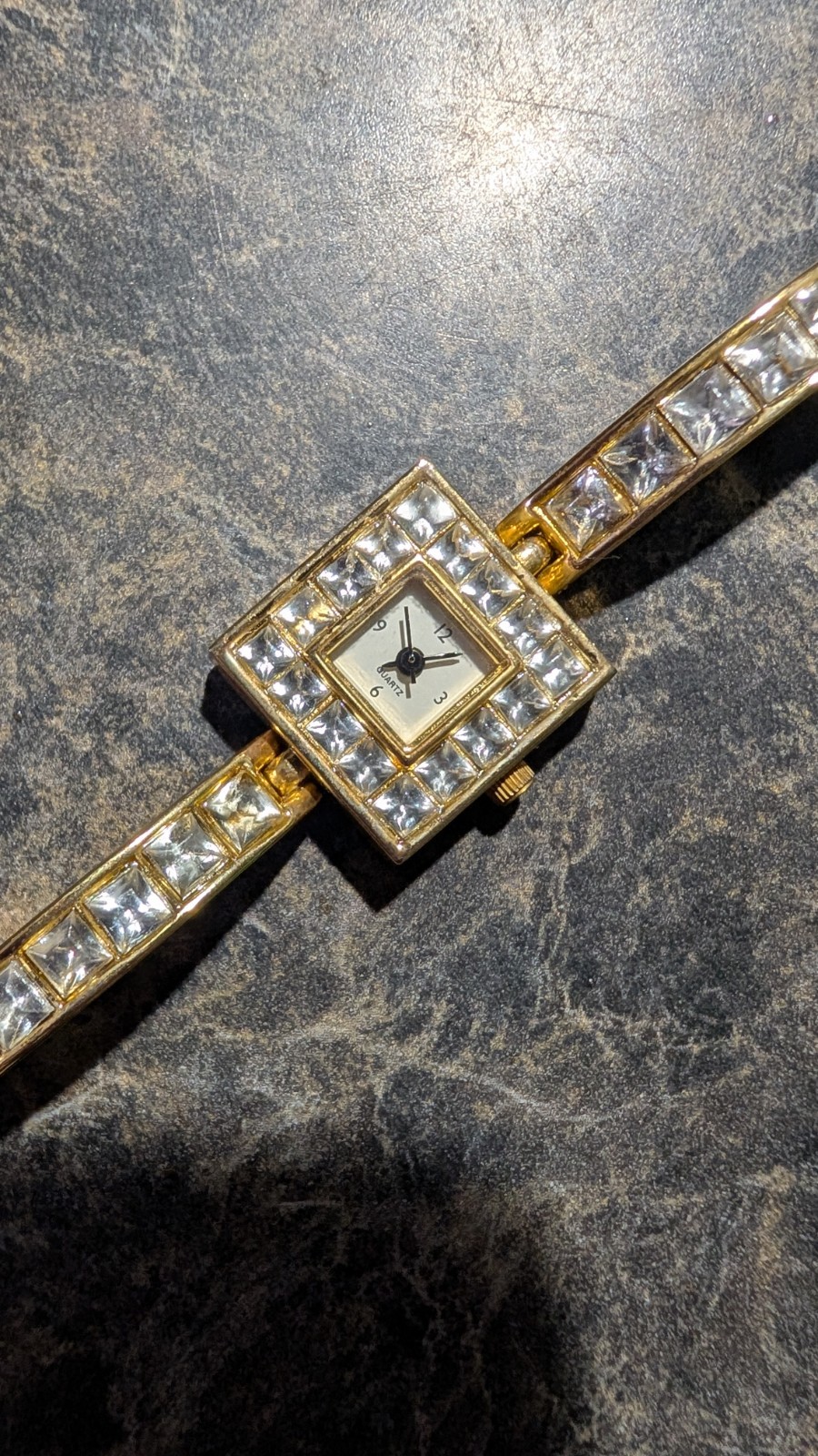 Vintage Women’s Watch Yves Rocher Gold Tone Square Faux Diamond Adjustable