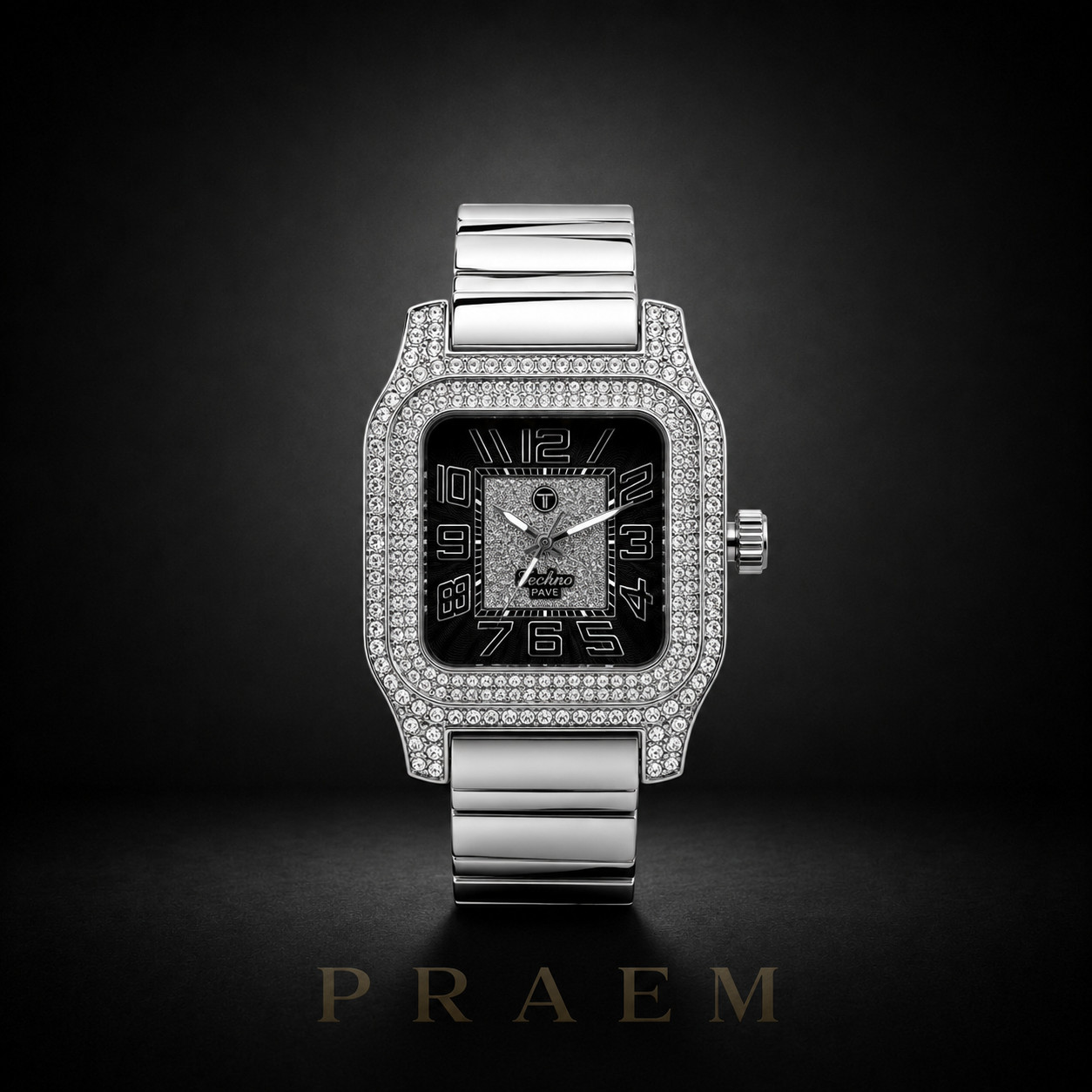 PRAEM Men’s Silver Plated Iced CZ Square Quartz Metal Band Watch Black Dial