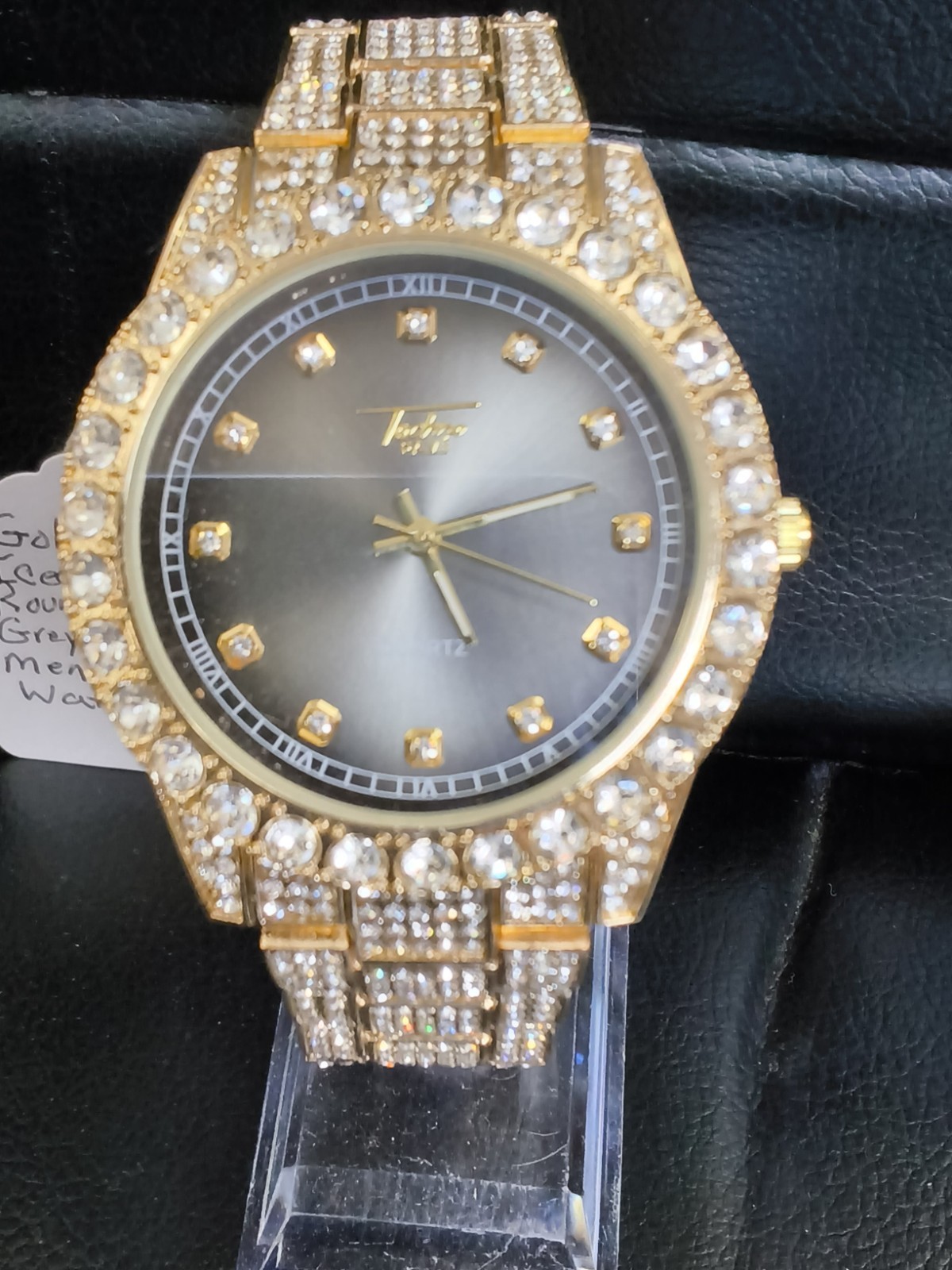 Techno Pave Gold Tone Iced Out Gray Dial Crystal Men’s Quartz Watch…