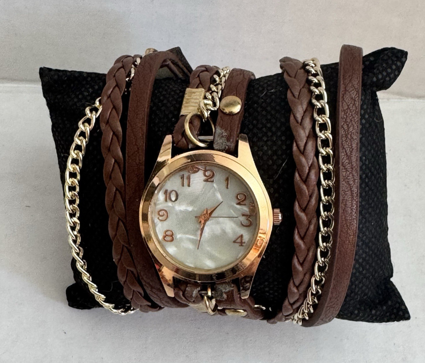 Women’s Braided Wrap Watch Brown Faux Leather Gold Chain Strap Gold-Tone Case