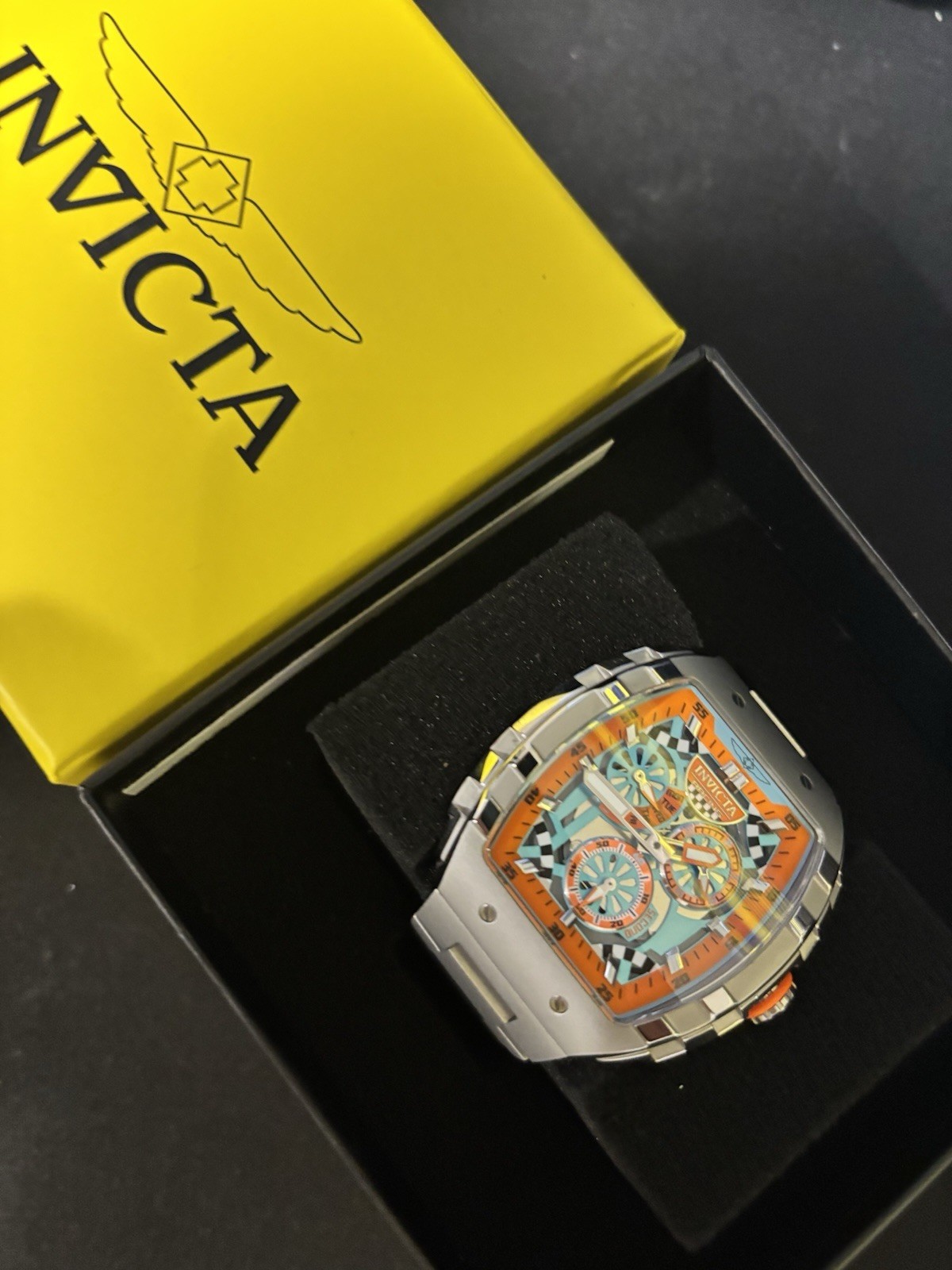 Invicta Men’s Square Chronograph Quartz SS Bracelet Watch Blue/Orange Dial Box