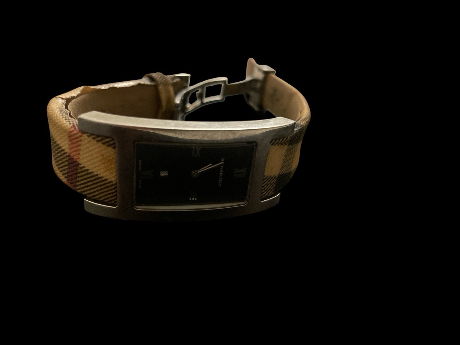 Burberry Nova Check Rectangle Quartz Wristwatch Fabric Strap Black Dial