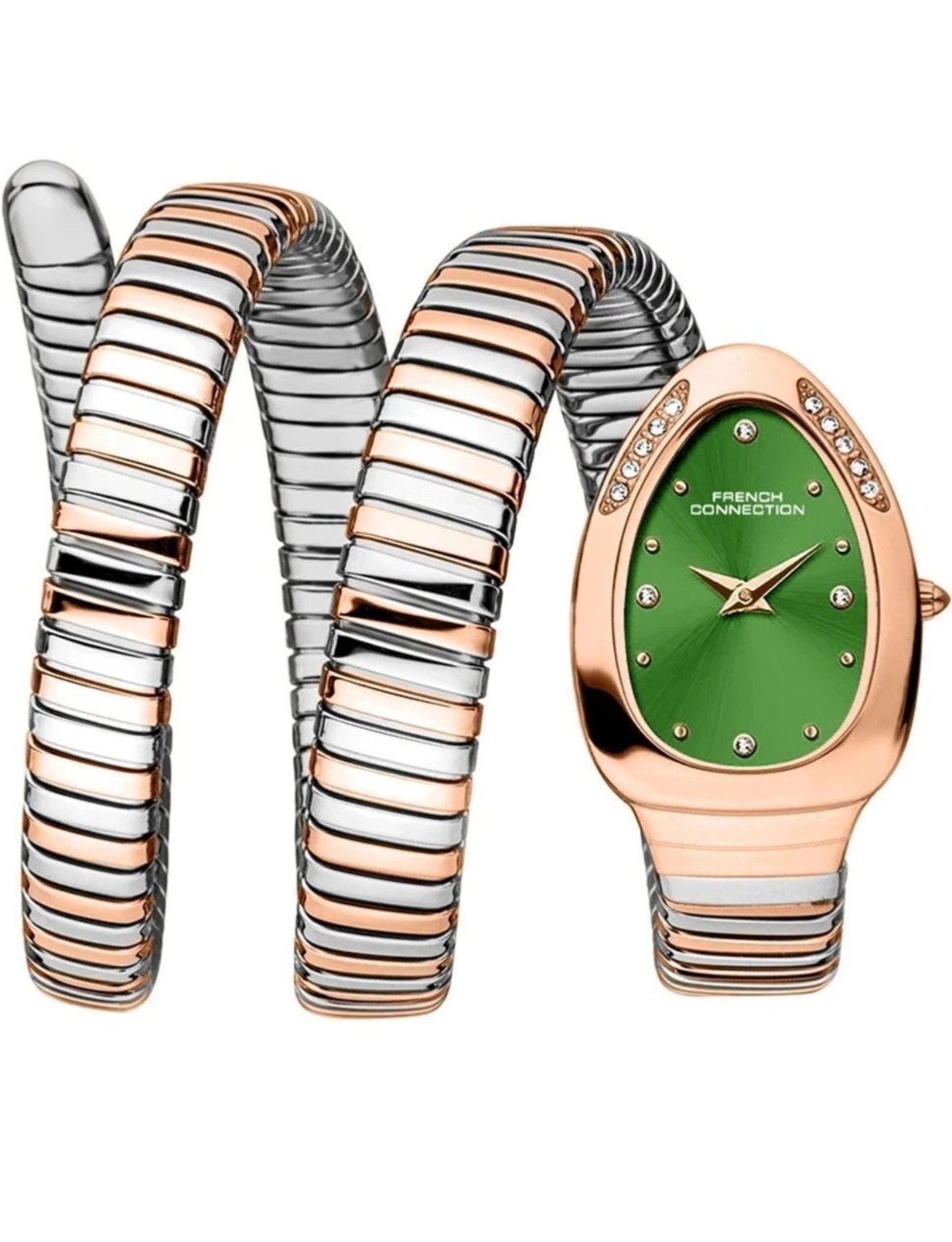 French Connection Women’s Serpent Style Green Dial Gold Tone Quartz Bracelet Wat