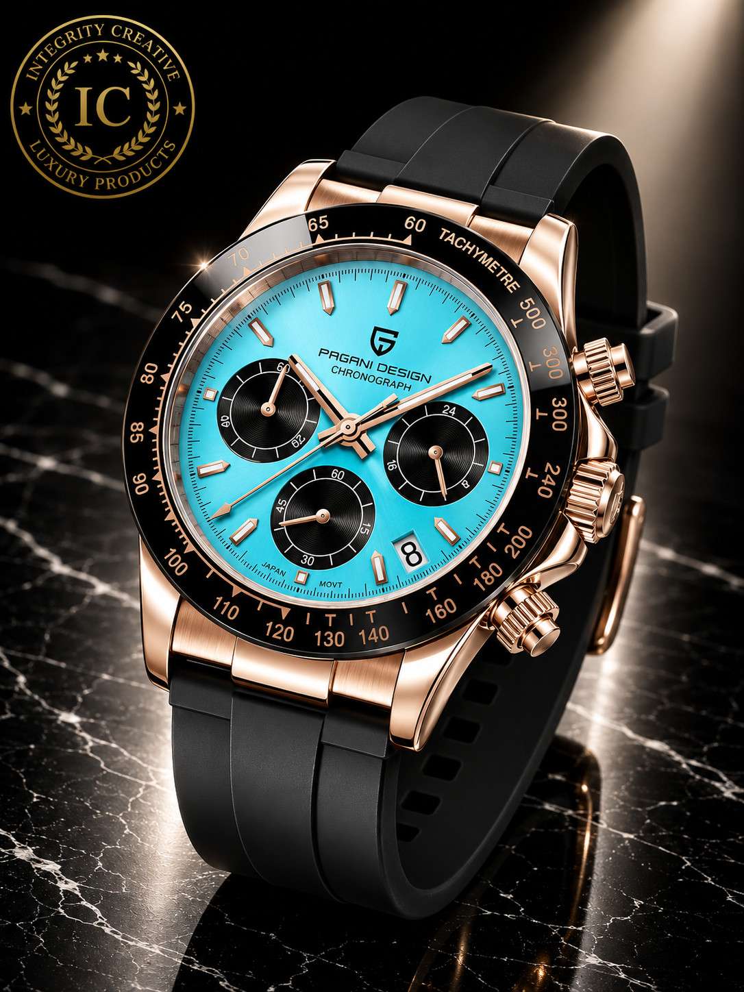 Men’s Quartz Movement 40mm Watch Ceramic Bezel Silicone Strap Tiffany Blue Dial