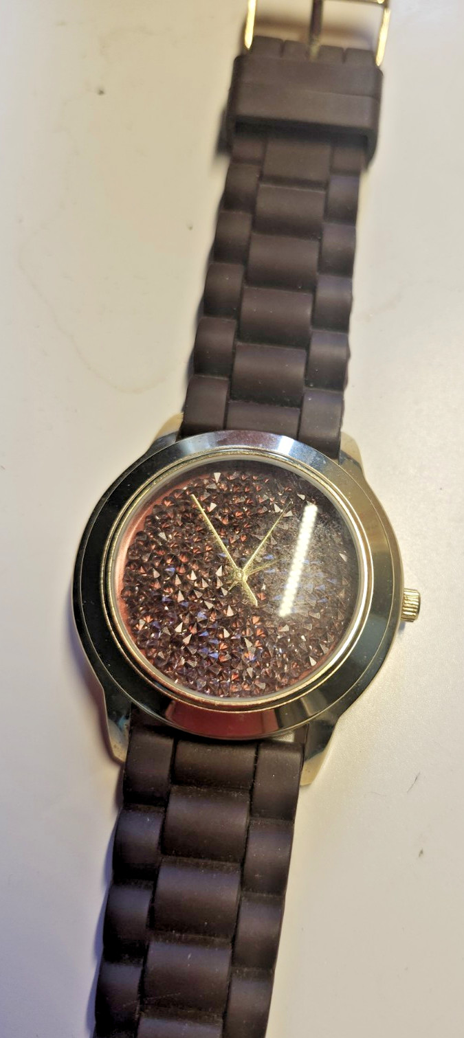 Accutime Women’s Gold Tone Watch Chocolate Brown Glitter Face Silicone Band