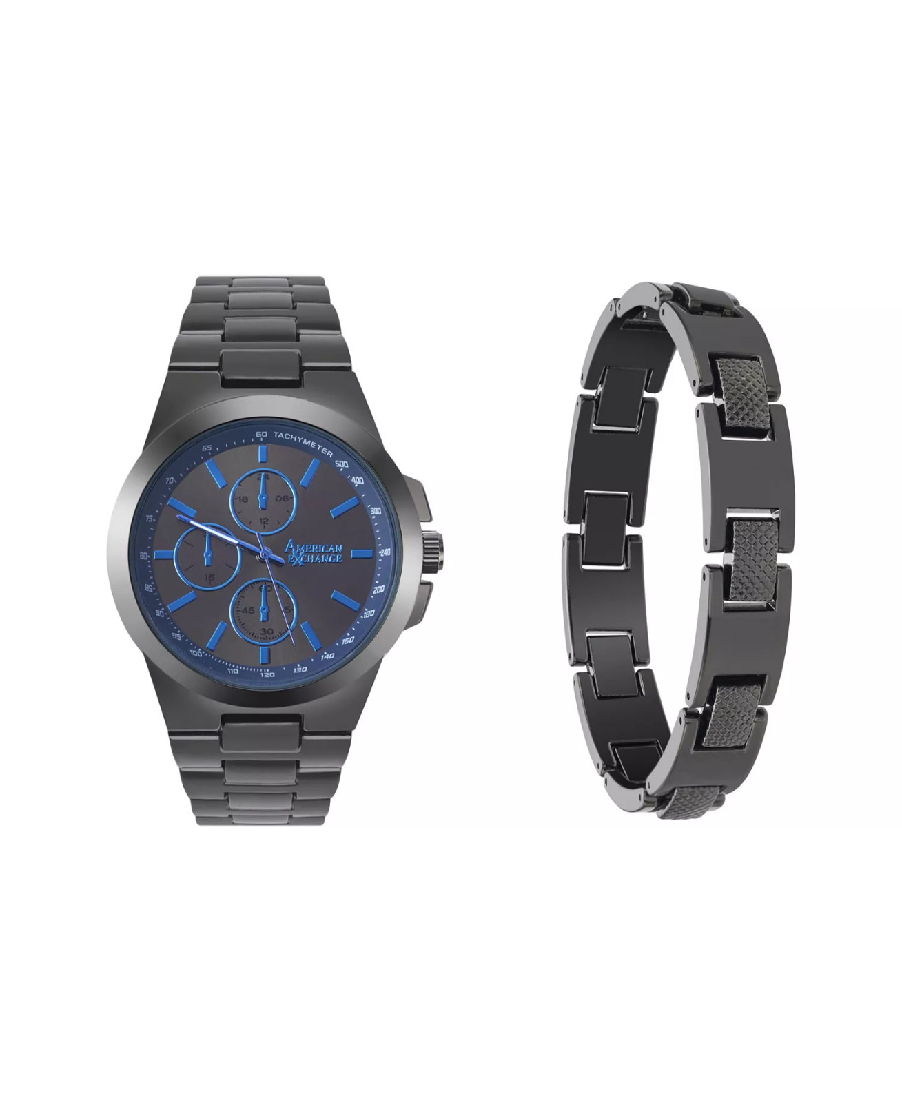 American Exchange Men’s Quartz Shiny Gunmetal Bracelet Analog Watch 43 Set NEW