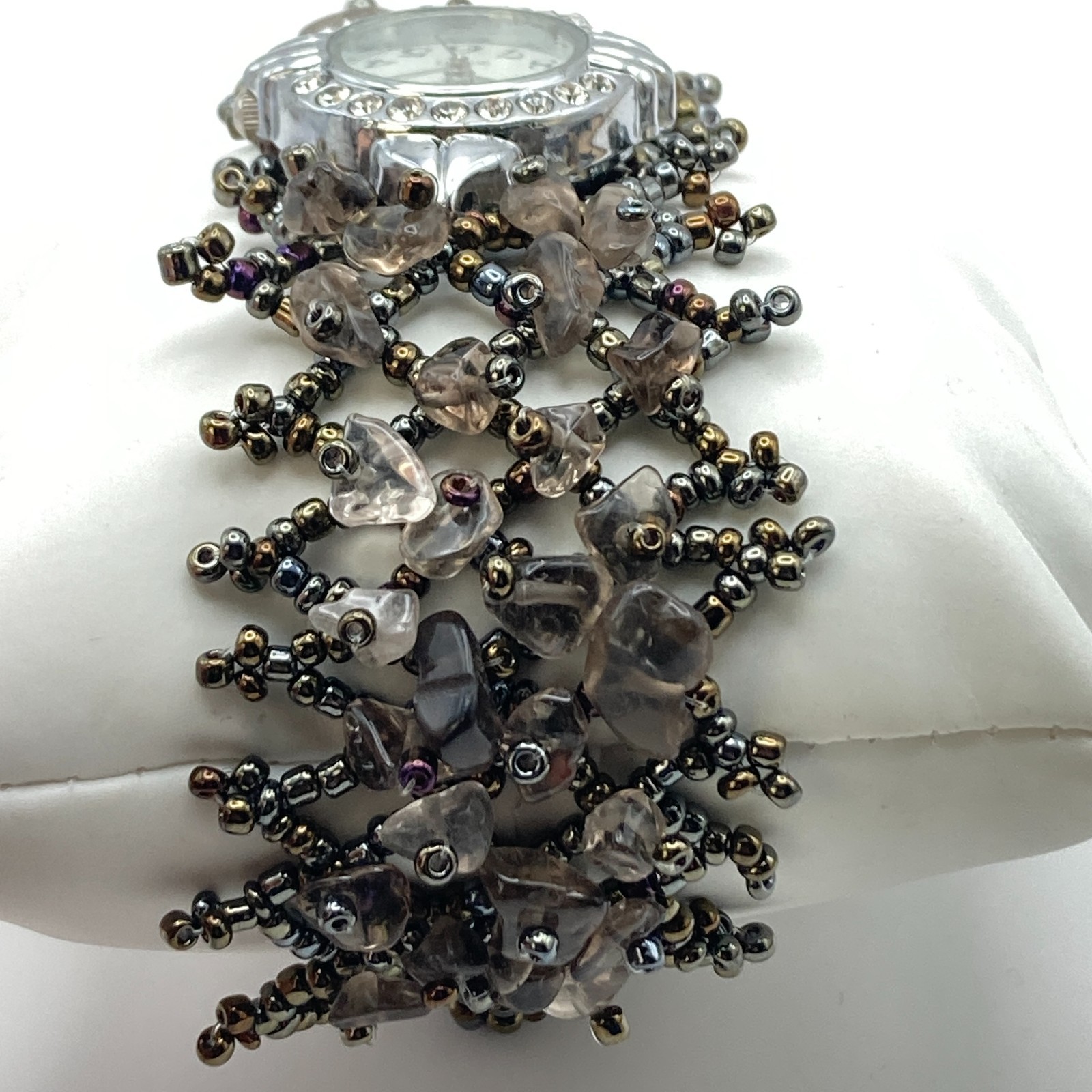 Artisan Womens Watch Beaded Gemstone Silver Tone Crystals New Battery 7.25″