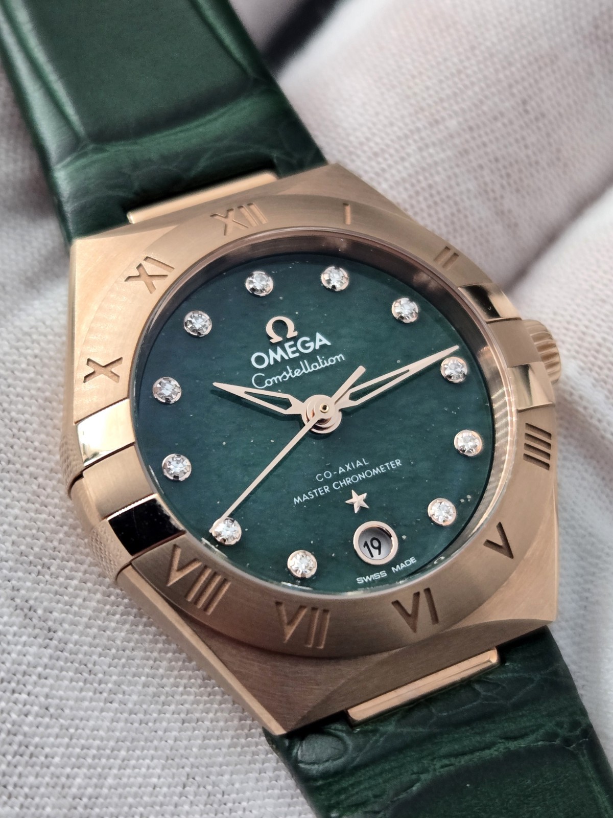 NEW Omega Constellation Ladies 18K Sedna Gold Green Aventurine Factory Diamonds