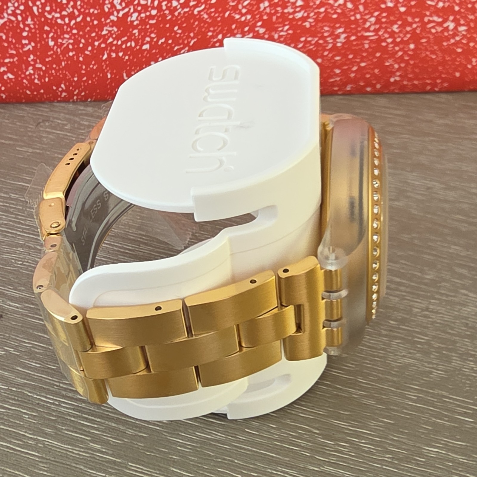 Swatch Chronograph Quartz Gold Dial/Case 40-43.9mm Clear Plastic Strap