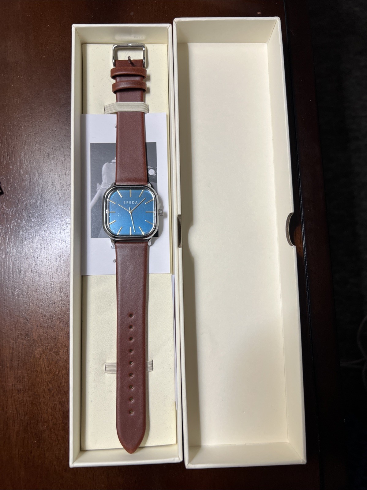 Breda Visser Men’s Watch – Square Blue Dial – Leather Band – New Battery!