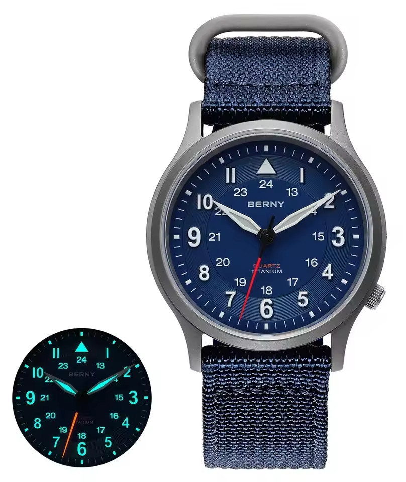 BERNY T2596 37mm Titanium AR Sapphire 50m Military 24hr Luminous Dial Seiko VH31