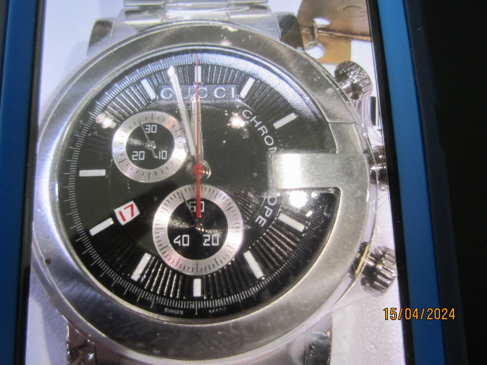 GUCCI MEN’S WATCH CHRONO ALL S/S SAPPHIRE ORIGINAL SWISS YA101309 NEW