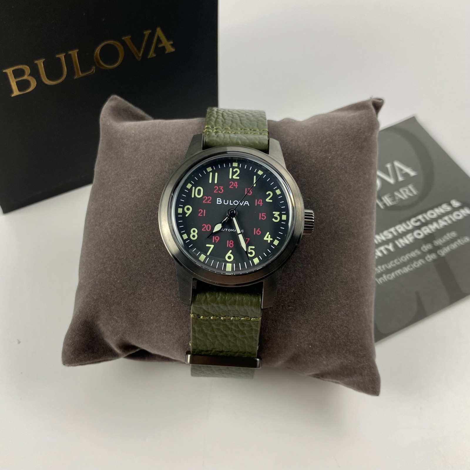 Bulova 98A255 Military Hack Automatic Men’s Watch Black Dial Green Leather Strap