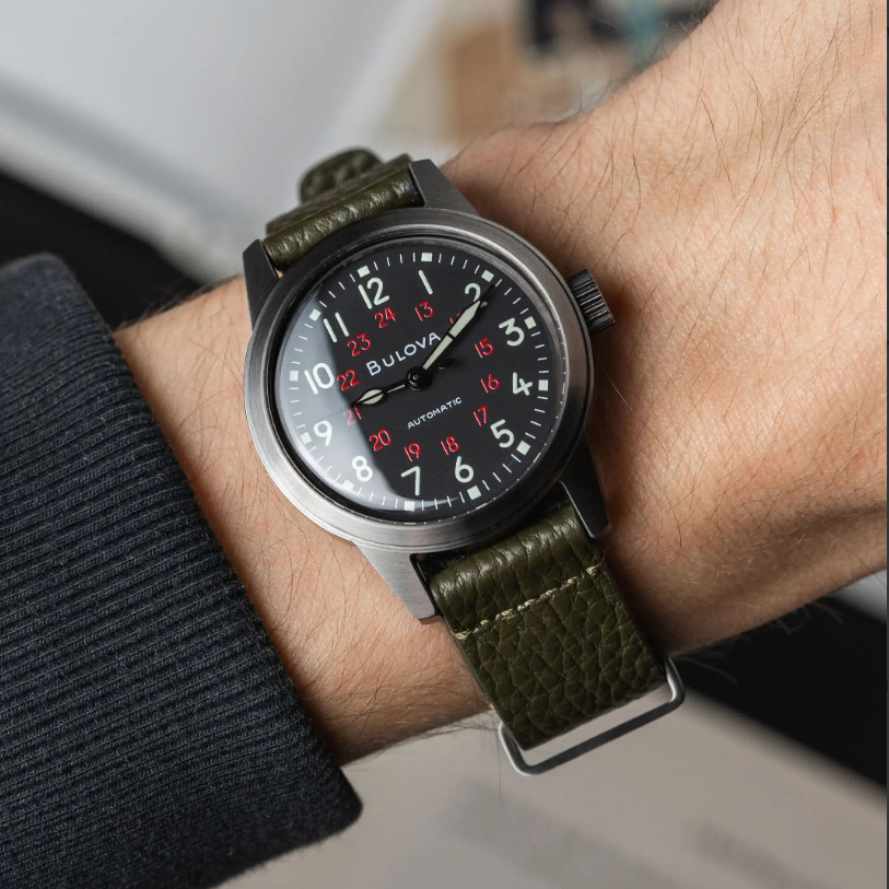Bulova 98A255 Military Hack Automatic Men’s Watch Black Dial Green Leather Strap