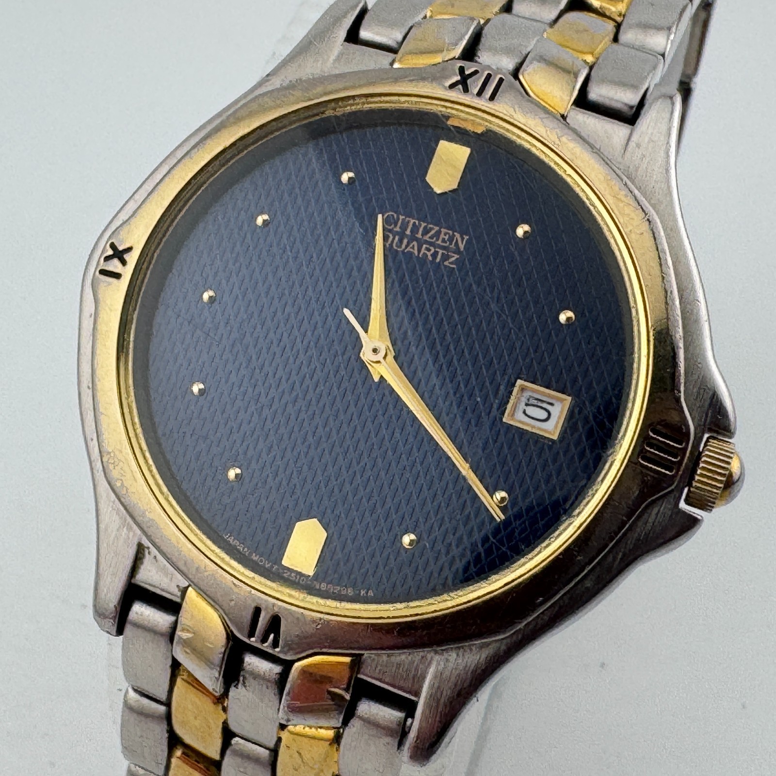 VTG Citizen Japan Quartz Watch Men Dual Tone Blue Date Analog New Battery 7.75″