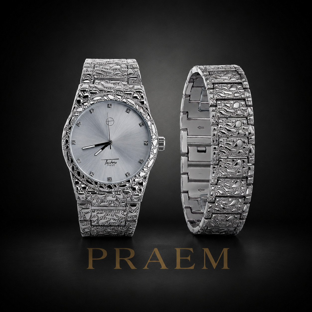 PRAEM Silver Plated Nugget Metal Band Watch & Bracelet Set Quartz Hip Hop