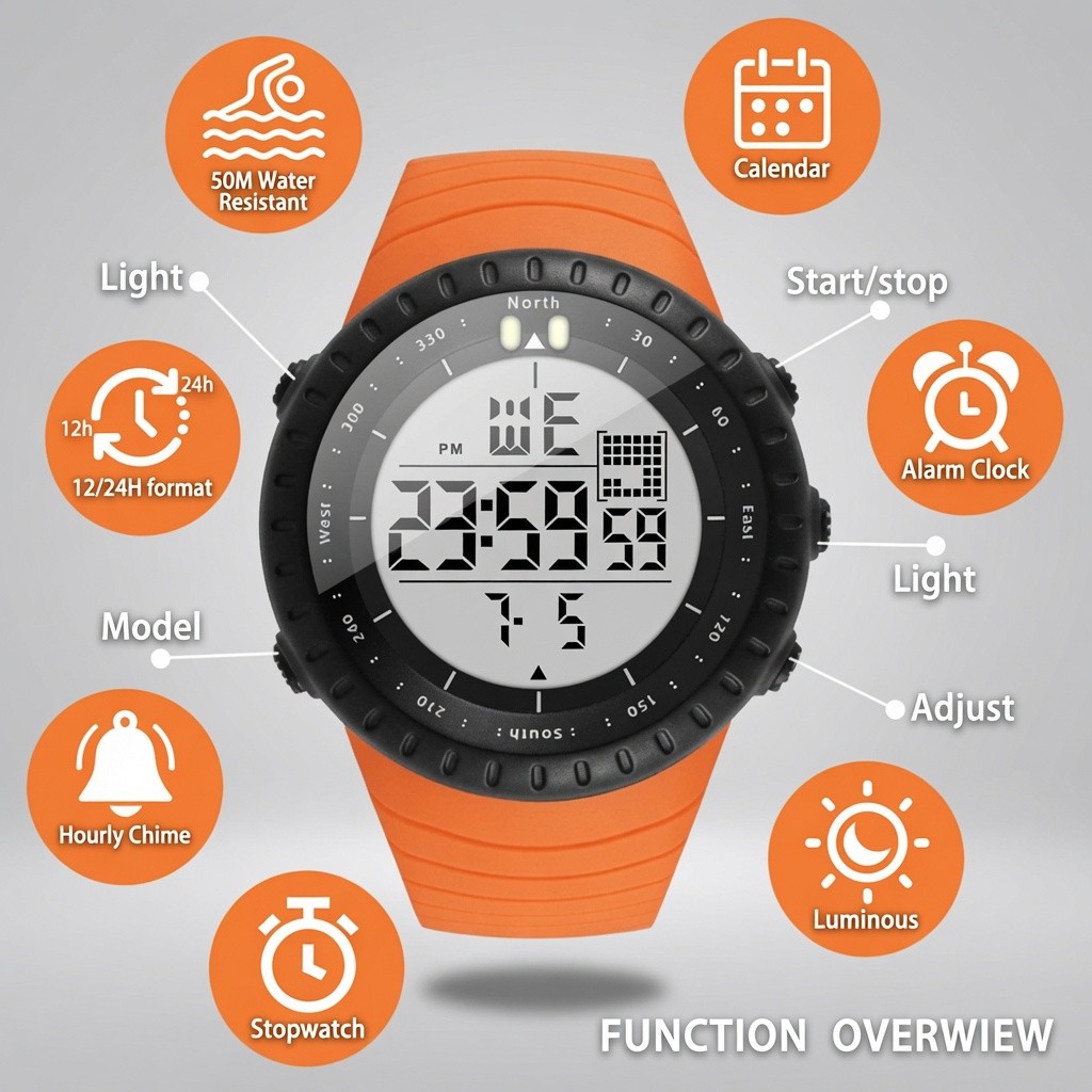 KXAITO Men’s Military Digital Sports Watch 50M Waterproof LED Alarm Stopwatch