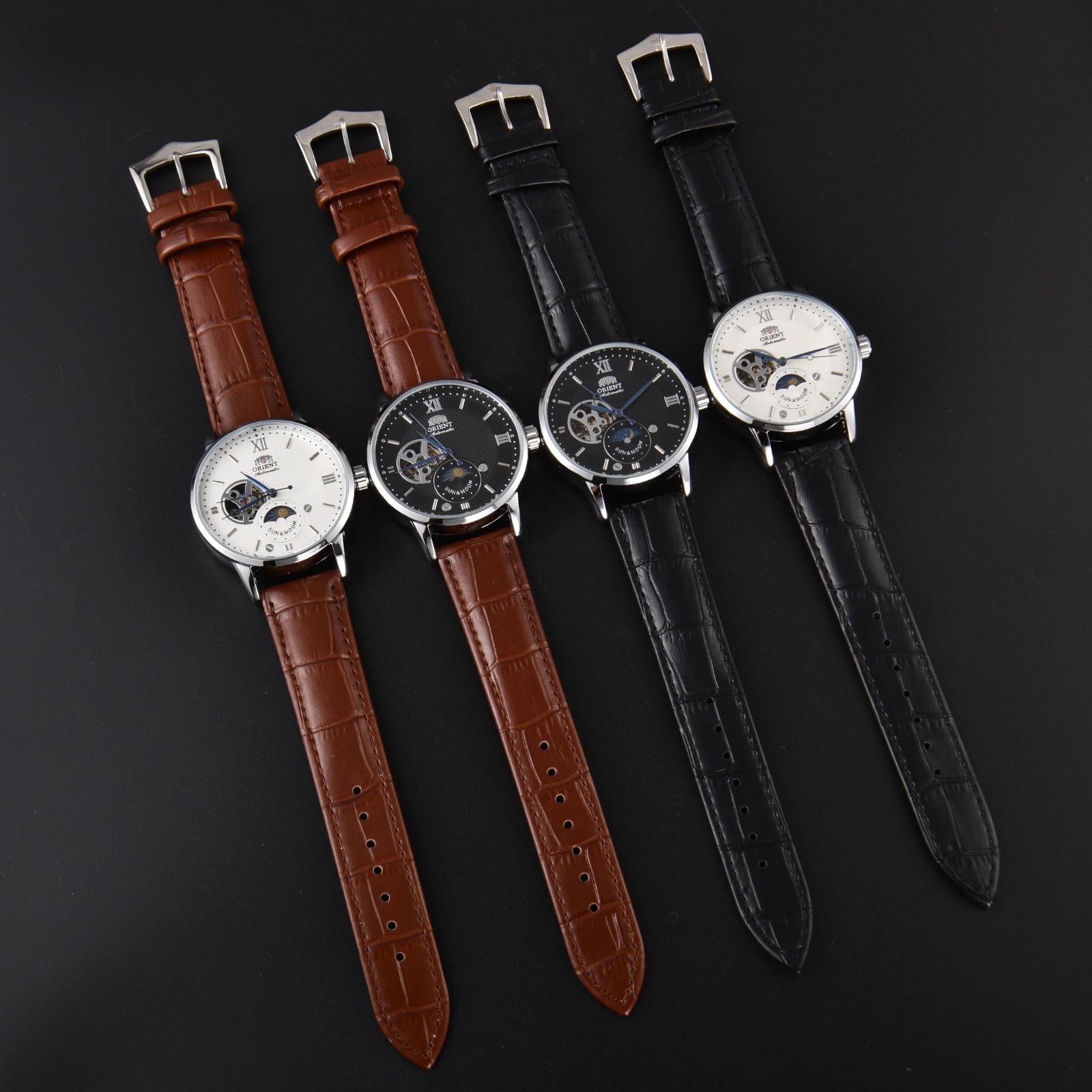 Orient Sun & Moon Semi Skeleton Automatic Watch Men’s Leather Strap Luxury Gift