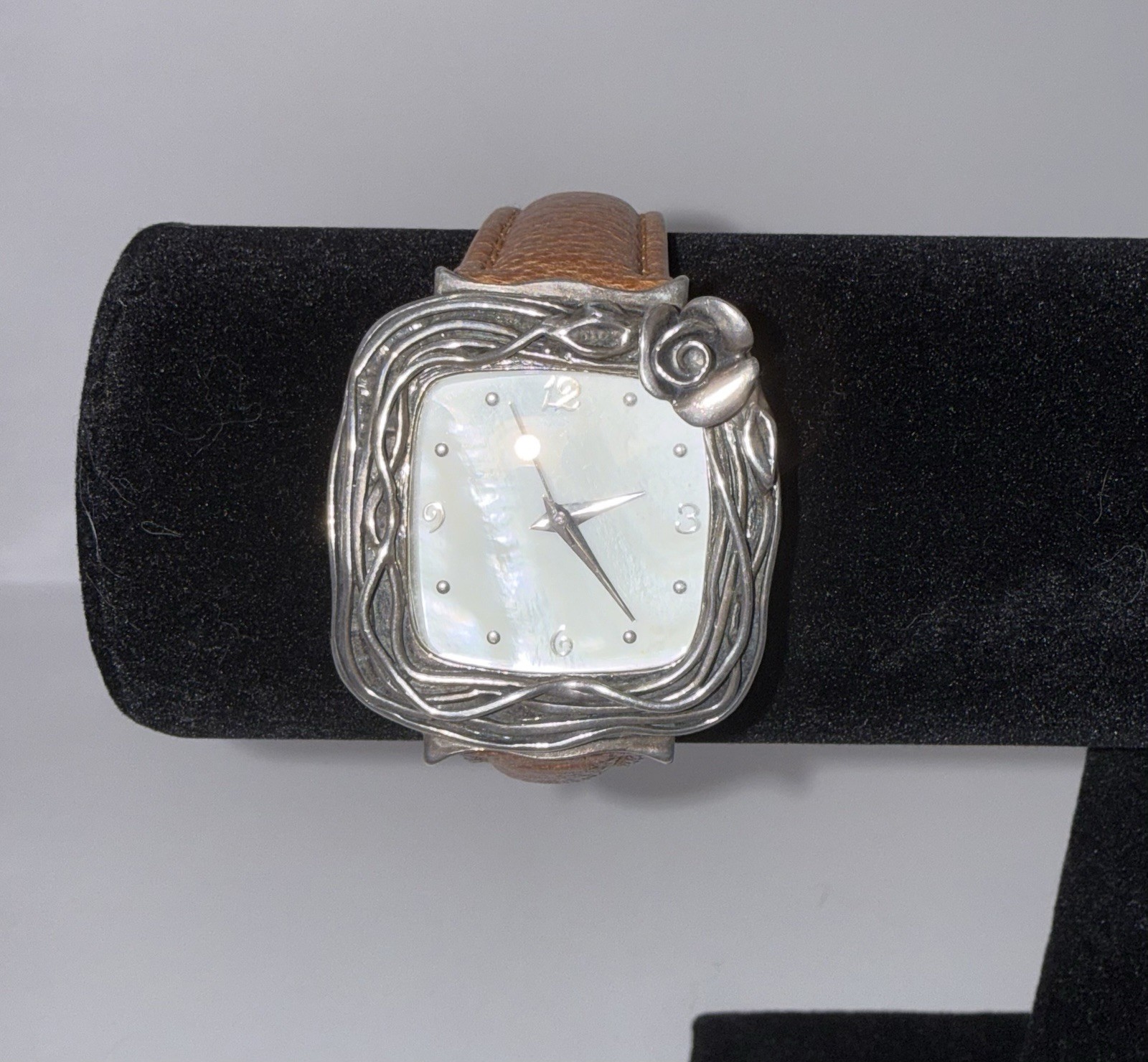 Vintage Or Paz Israeli Artisan Watch With 925 Silver Rose Face Leather Strap ￼
