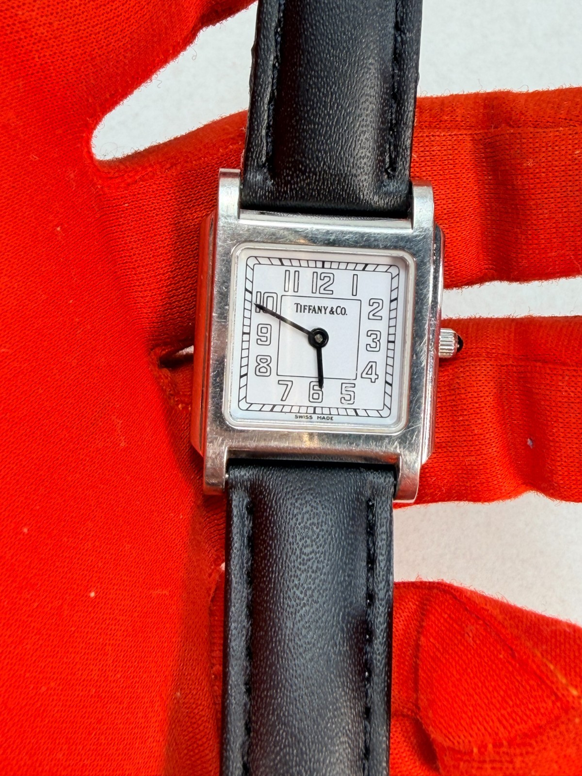 Tiffany & Co Swiss Made Tank Watch Stainless Steel Quartz Leather Strap Working
