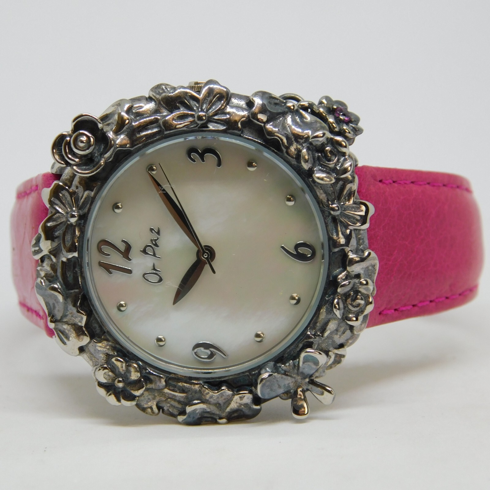 Or Paz Flowers Bezel Genuine Leather Quartz Analog Women’s Watch New Battery
