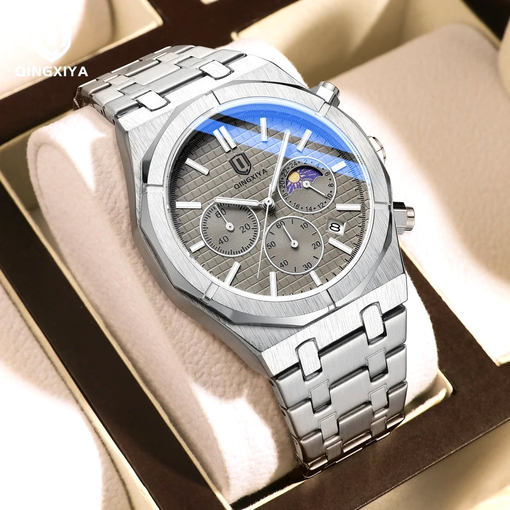 42MM QINGXIYA Quartz Men Business Watch Stainless 30M Waterproof Luminous Analog