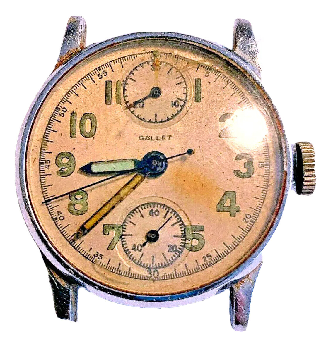 Vintage Gallet Military Chronograph Dial & Movement In Custom Case For Repair