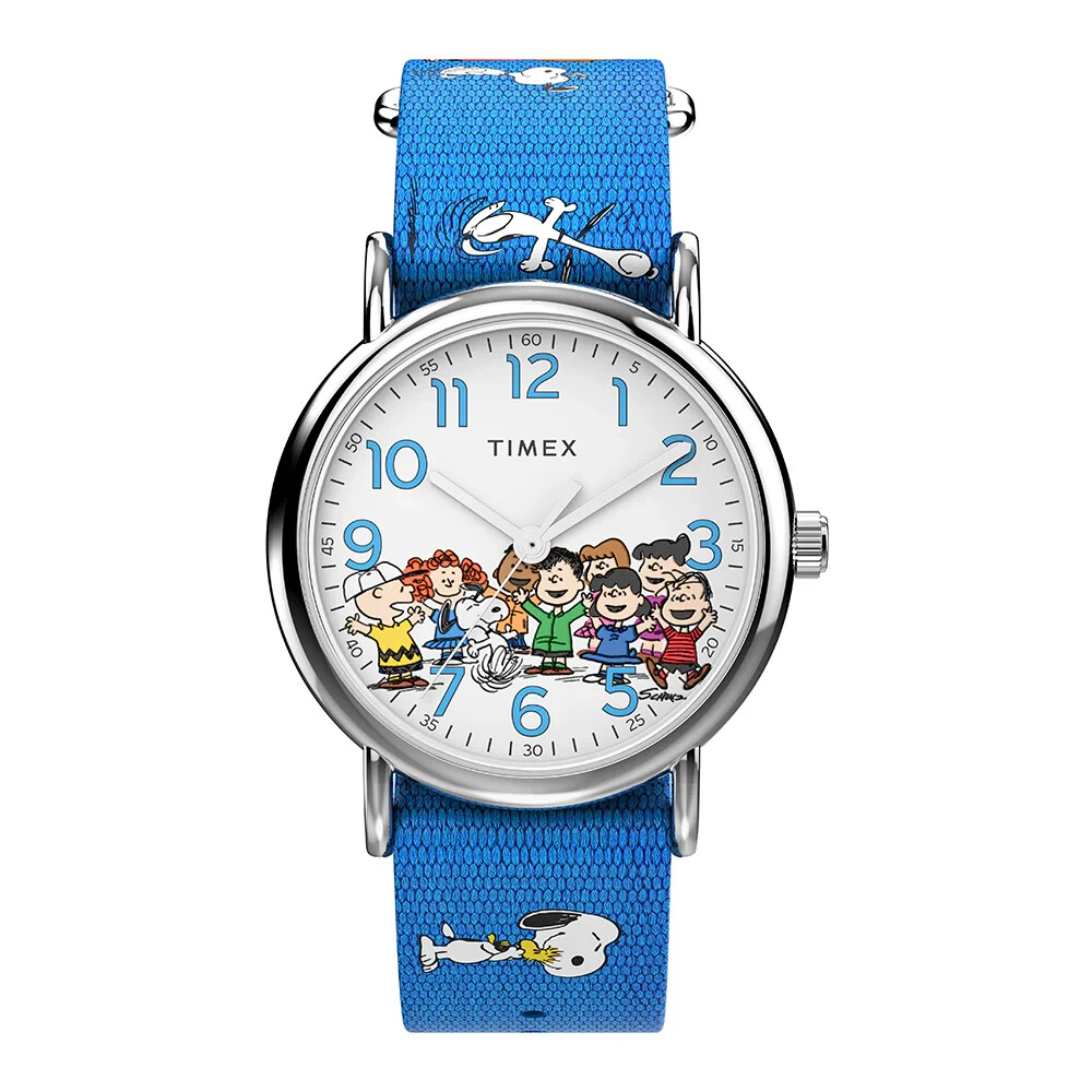 Timex TW2W19400, Peanuts Weekender Blue Slip Thru Fabric Watch, NEW