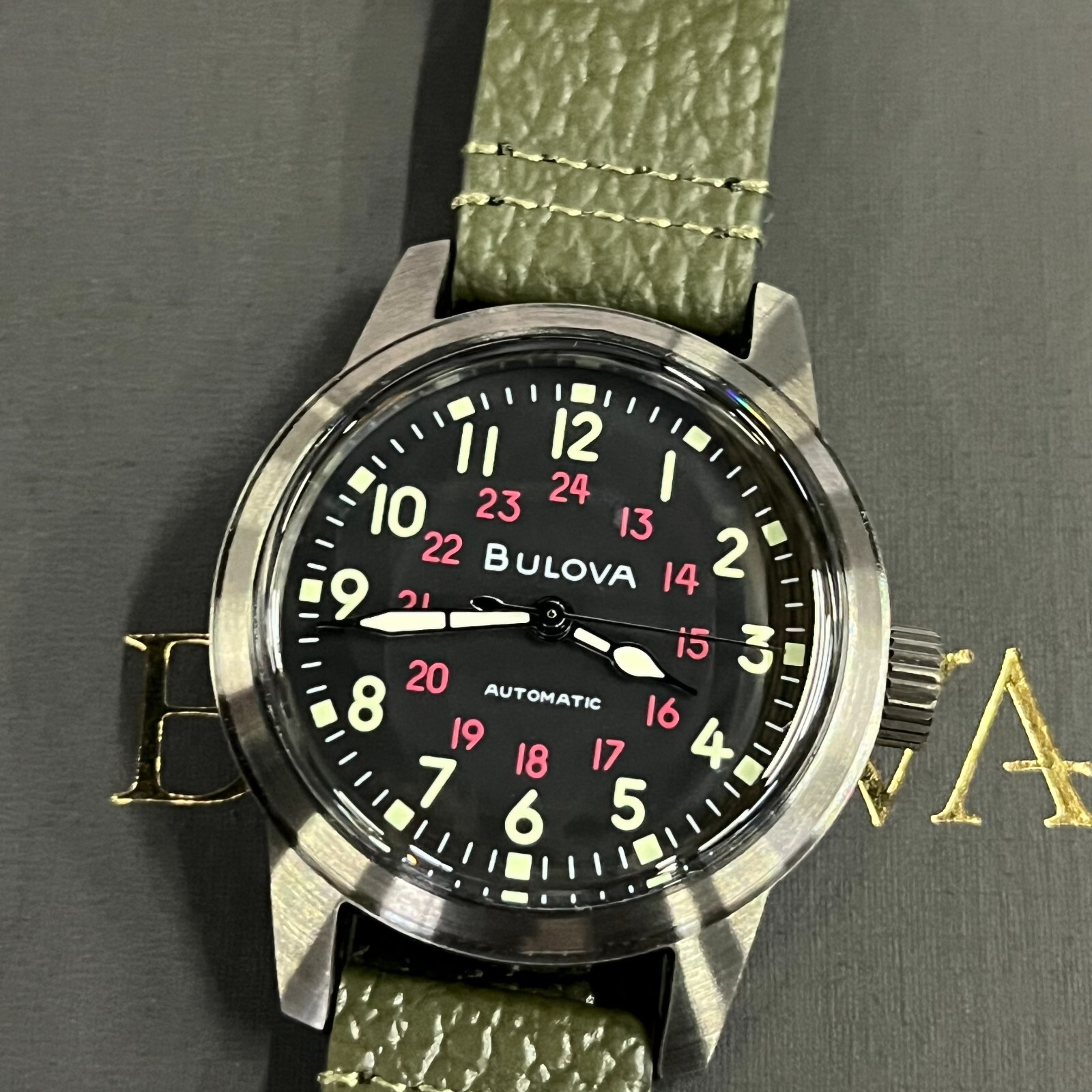 Bulova Hack 38MM Black Dial Green Leather Strap Automatic Men’s Watch 98A255