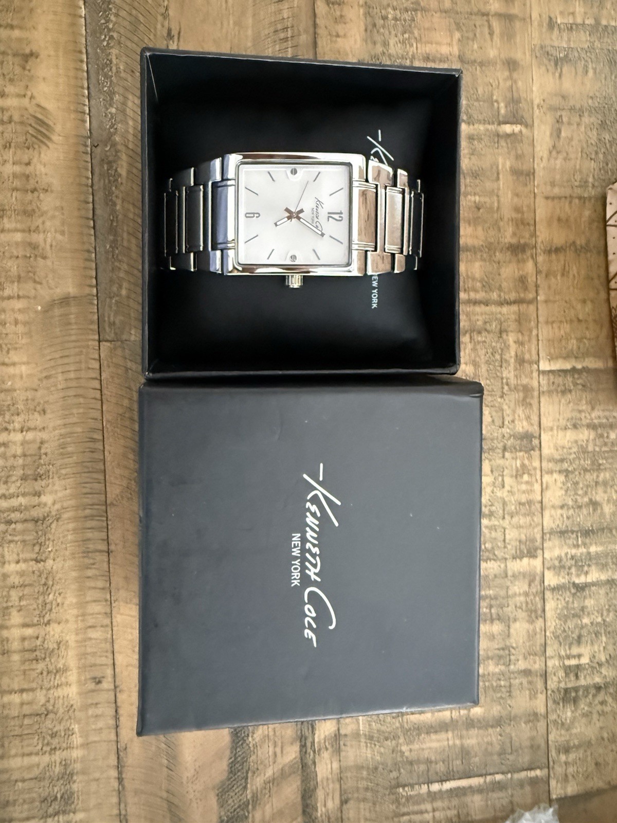 Kenneth Cole New York Rectangular Quartz Watch Silver Dial Steel Bracelet Box