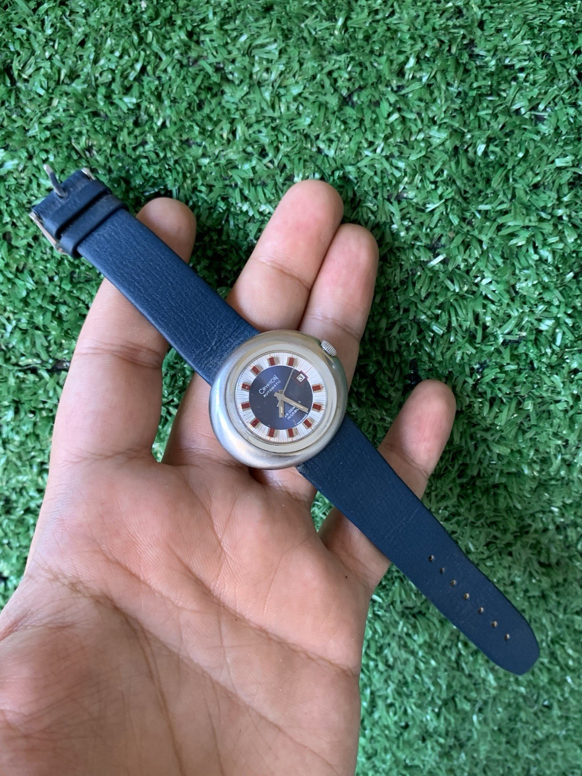 Crypton Automatic Mechanical Watch 25 Jewels Date Blue 37mm 1970s Vintage Red