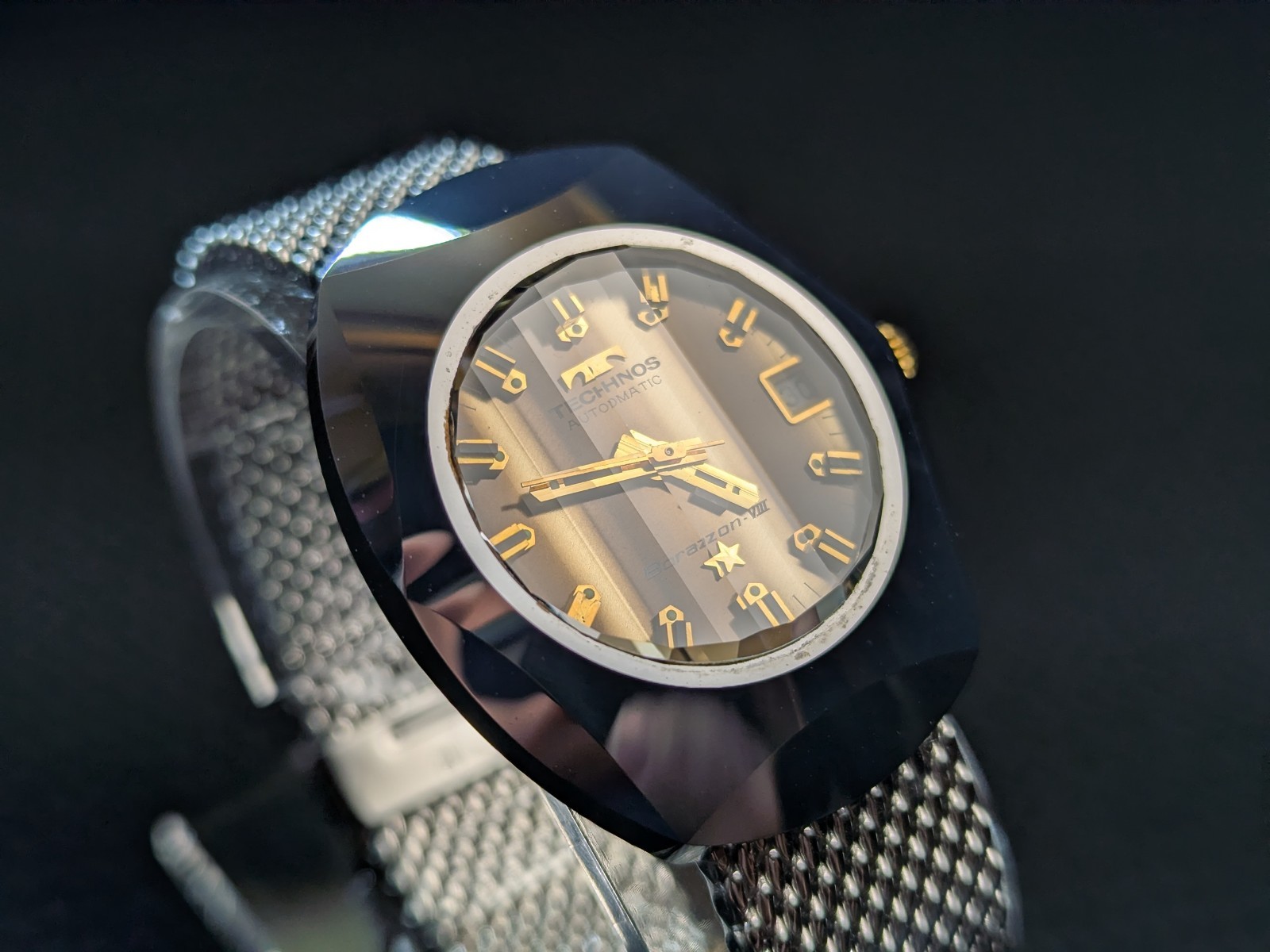 Vintage Technos Borazon VIII Automatic Swiss Made ETA Watch Tungsten Faceted 70s
