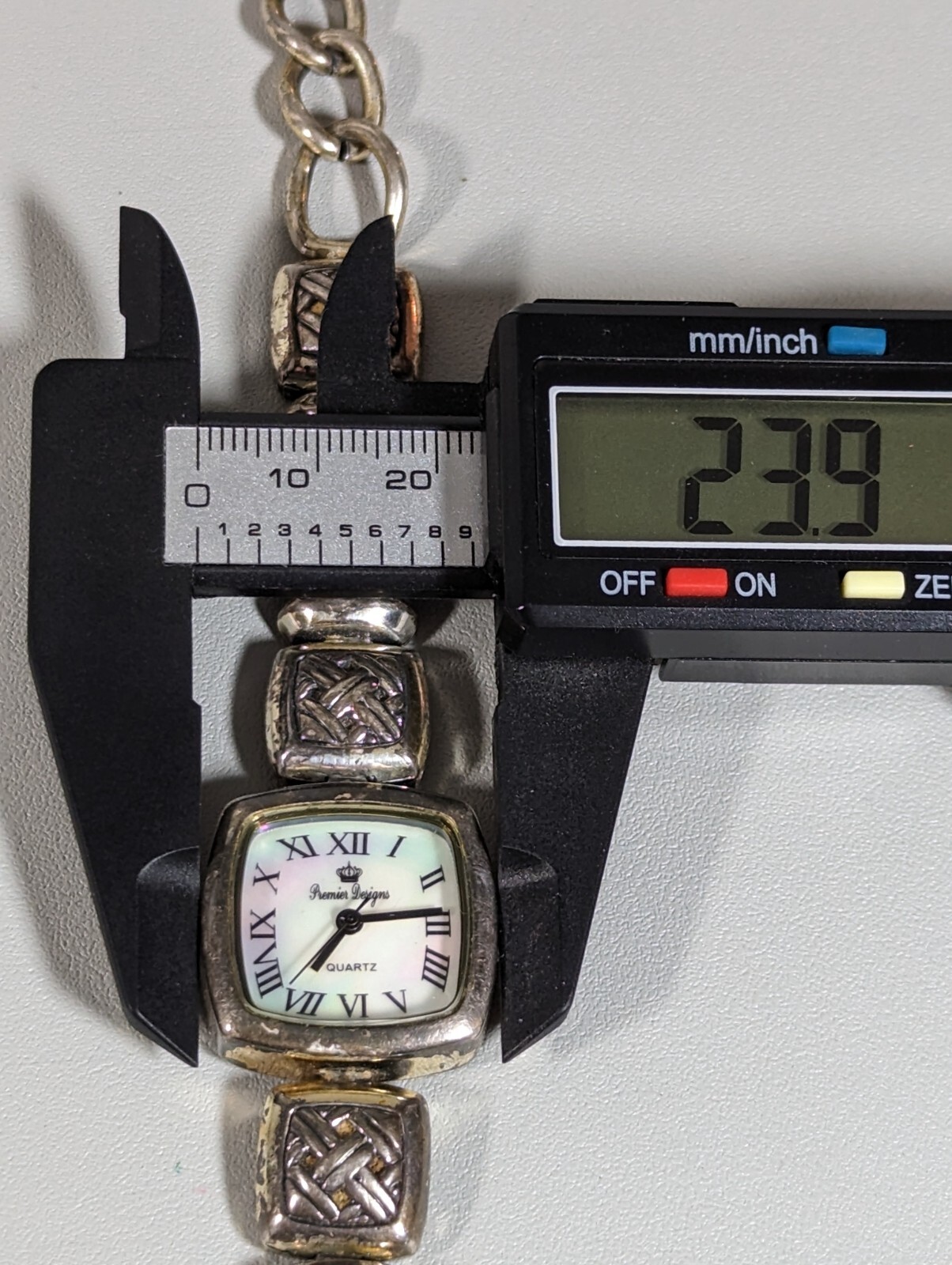 Premier Designs White Pearlized Dial Square Case Link Bracelet Band Watch 7.5 In