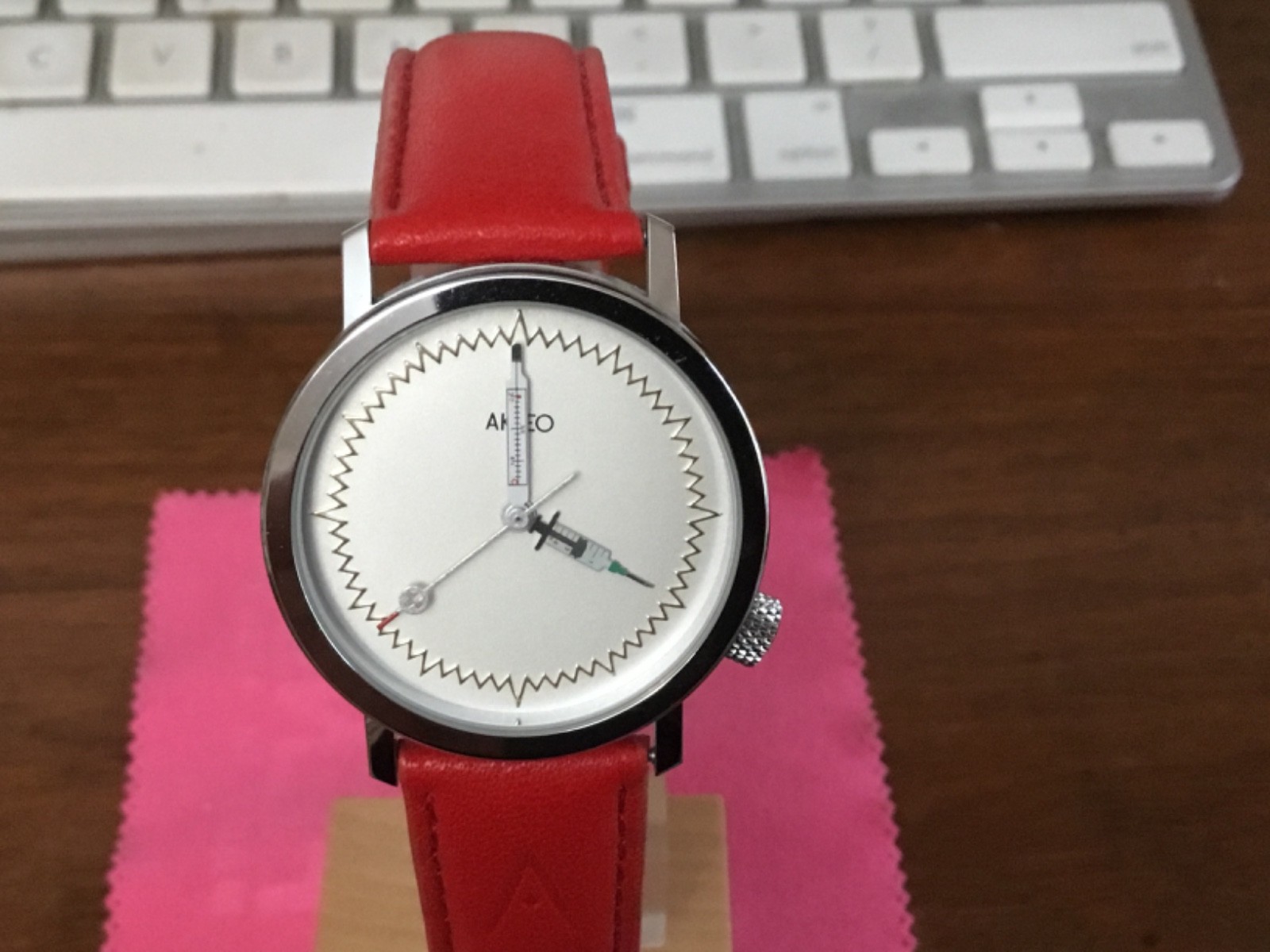 AKTEO Watch for a NURSE or DOCTOR in Silver colored case w/Red Leather Strap