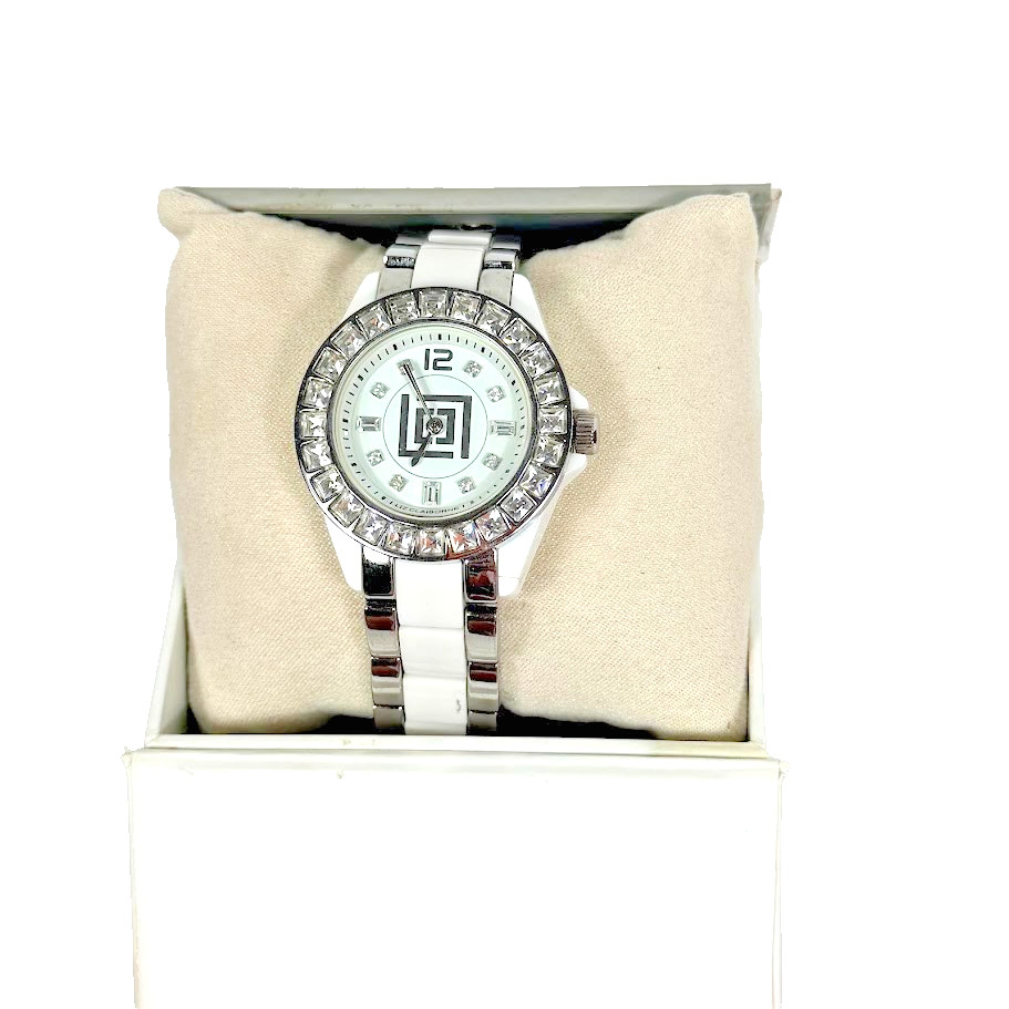 Liz Claiborne Women’s Quartz Watch White Ceramic Band Silver Crystal Rhinestones
