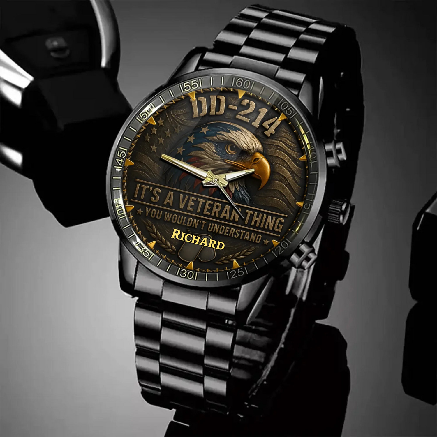 Personalized DD-214 Veteran’s U.S. Eagle Military Black Stainless Steel Watch