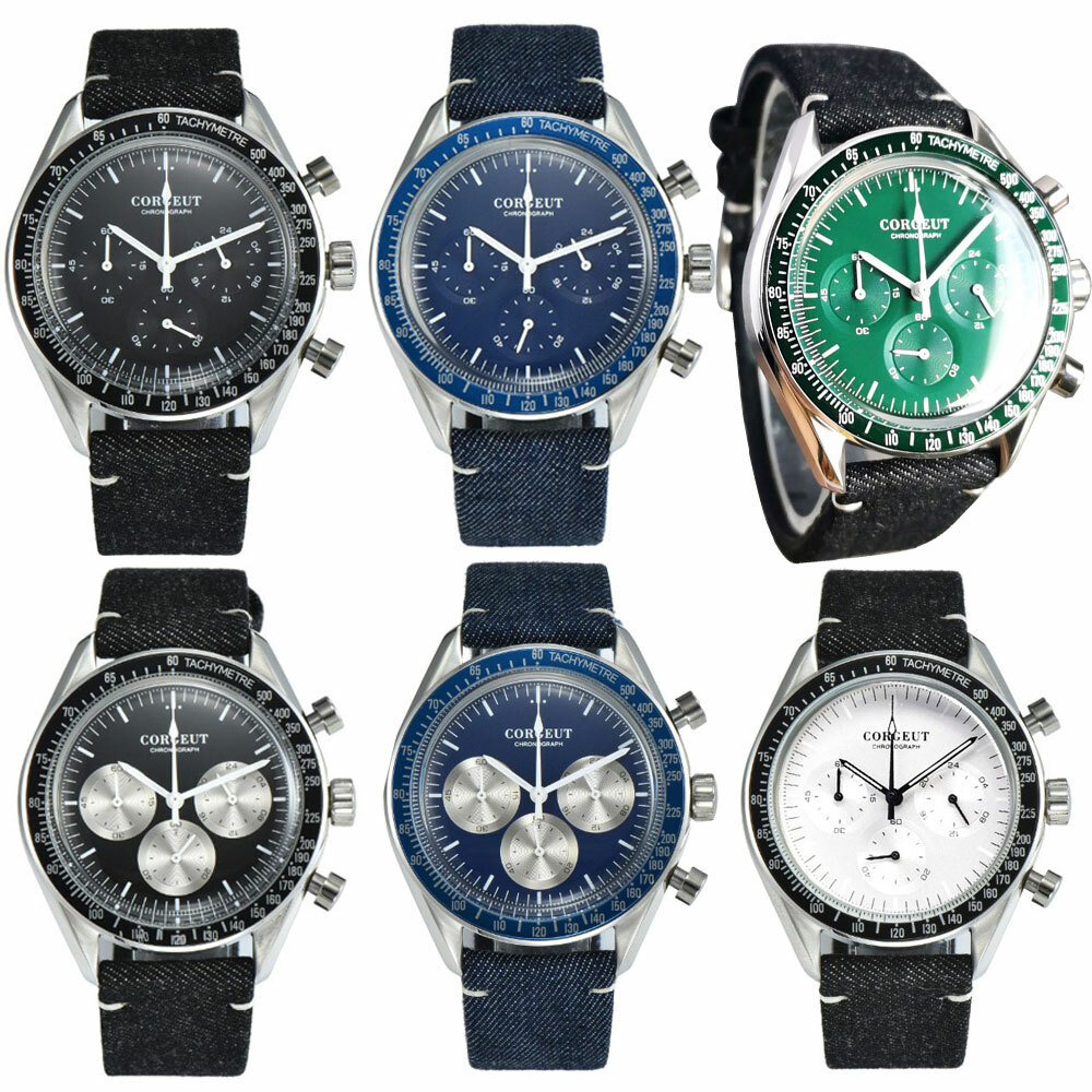 40mm corgeut black blue dial Multi-Function full chronograph quartz mens watch
