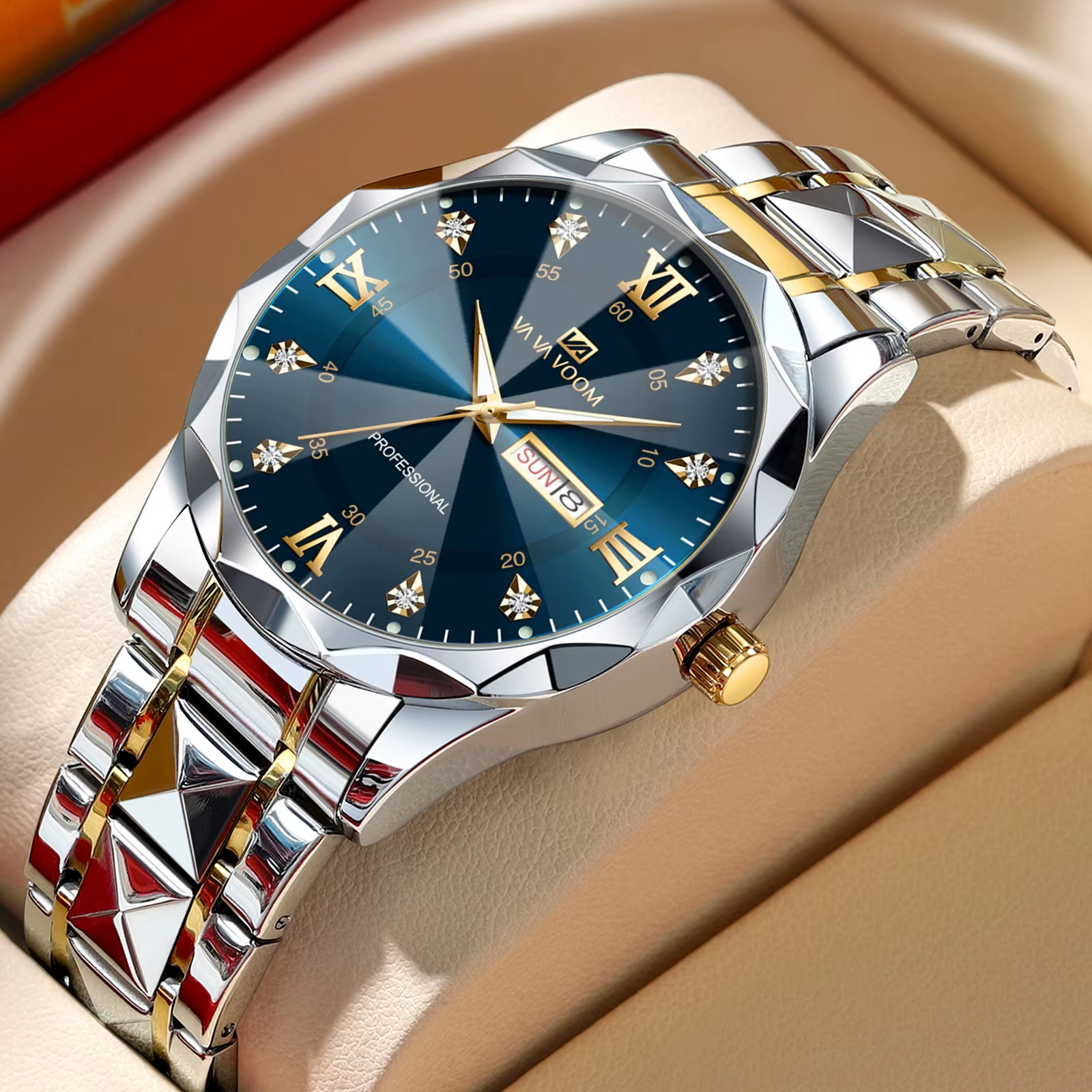 Men Watch Water Diamond Luxury Night Glow Double Calendar Quartz Movement 41Mm B