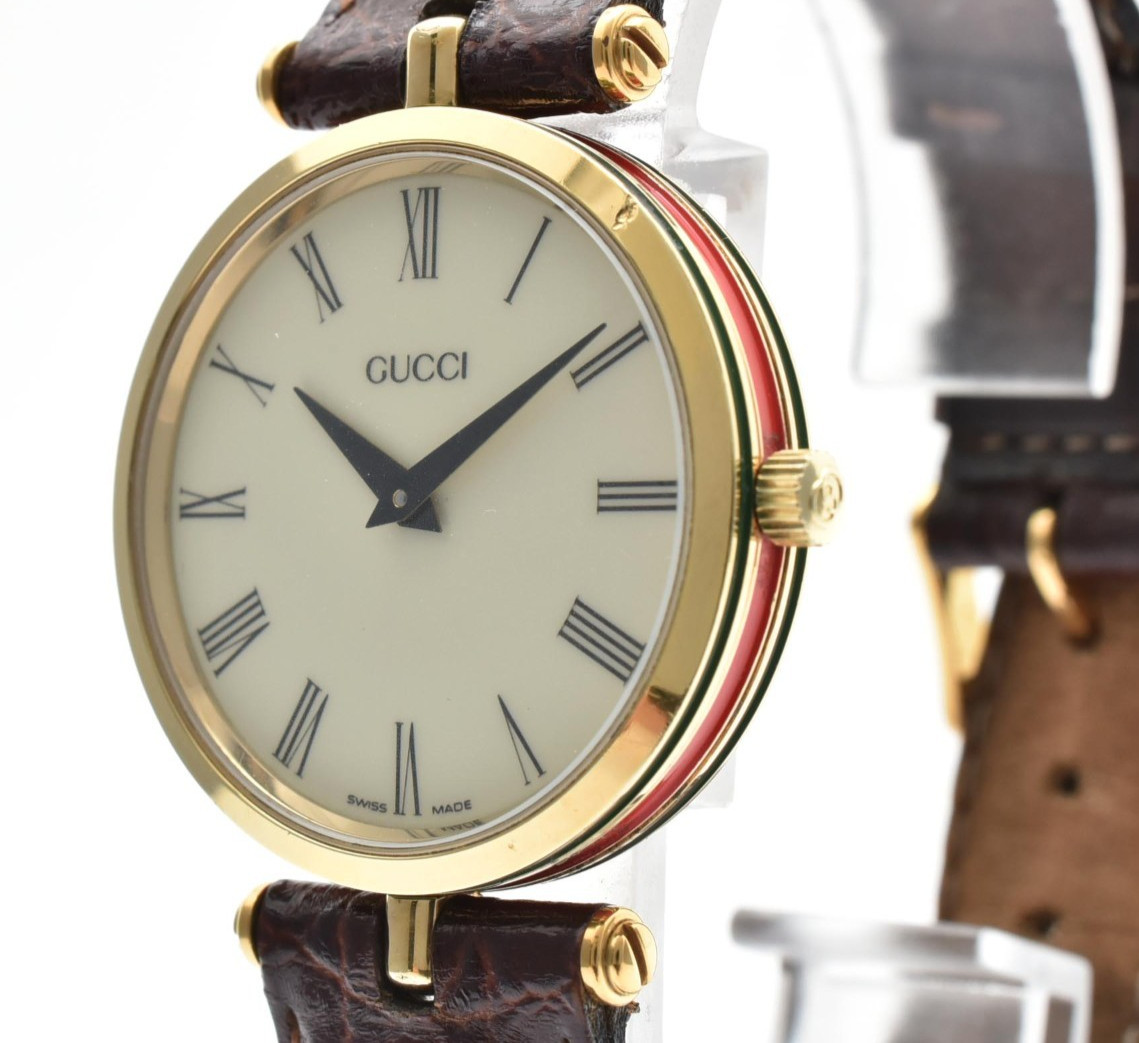 Gucci 2000M Quartz Men’s Watch Sherry Line Ivory Dial Gold Plated Leather #109