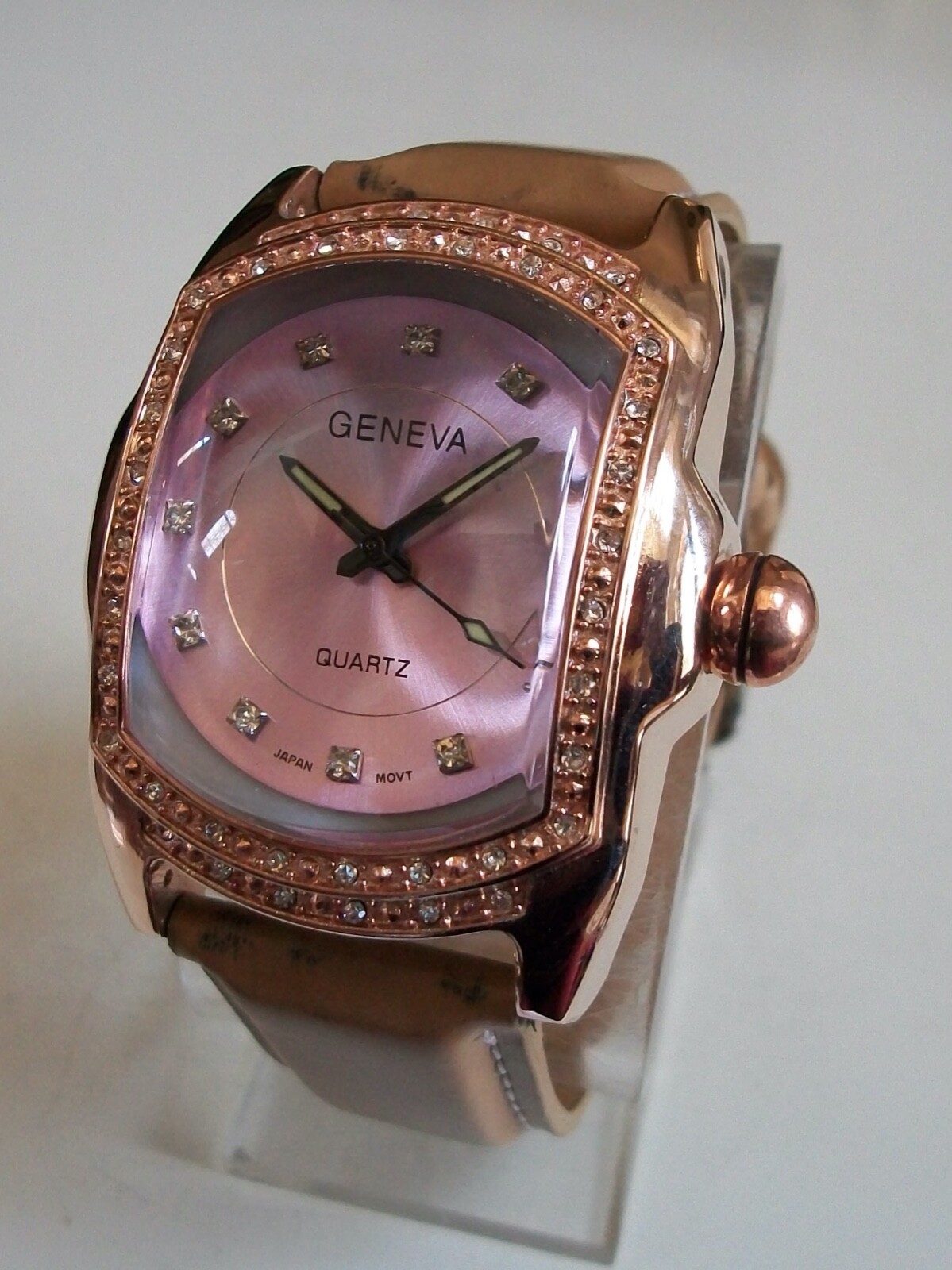 Men’s Bling Rose Gold & Beige Leather Band Fashion Dressy Casual Watch