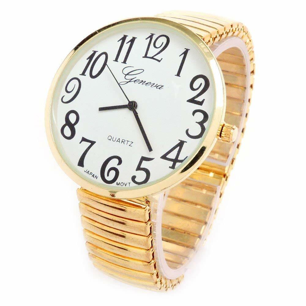 Gold Super Large Size Round Face Stretch Band Easy to Read Geneva Women’s Watch