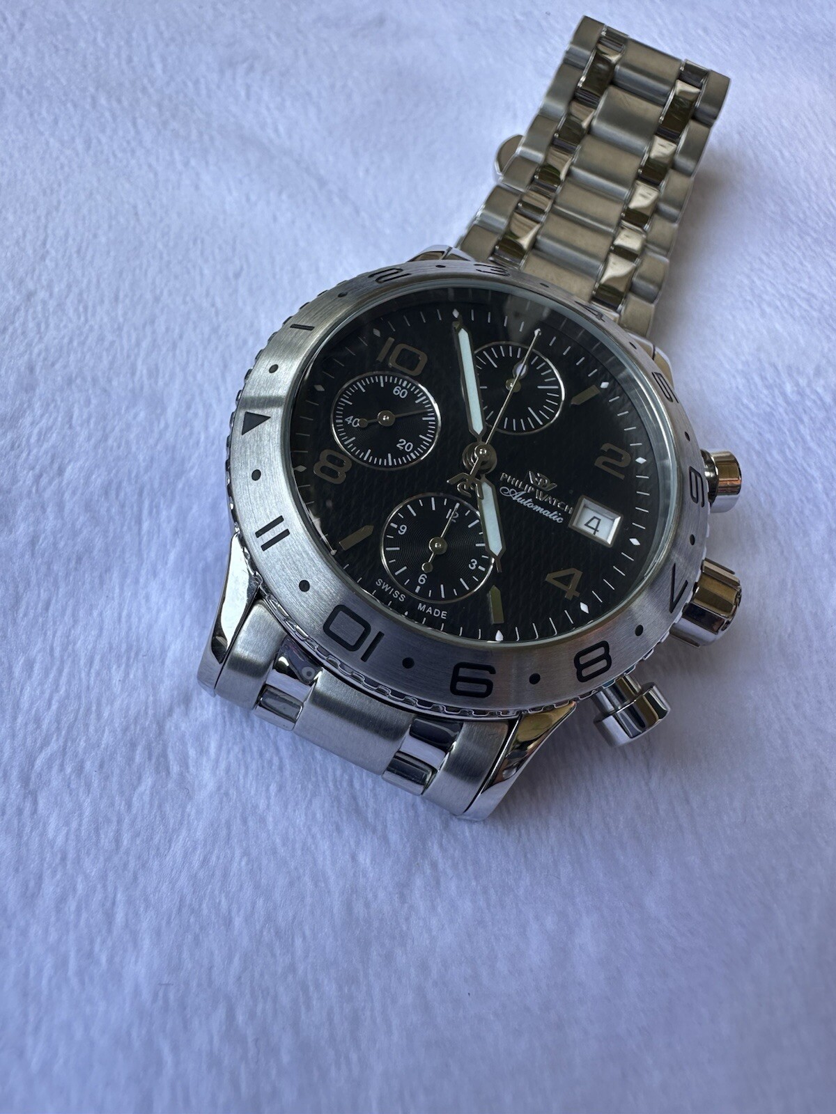 Philip Watch 7750 Automatic Chronograph Men’s Watch 44mm Original SS Bracelet