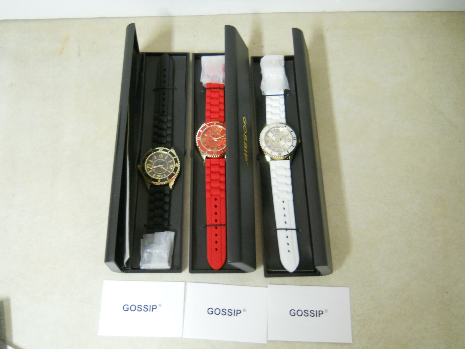 x3 Designer Gossip Watches Black Red & White Silicone Bands in Gift Boxes NOS