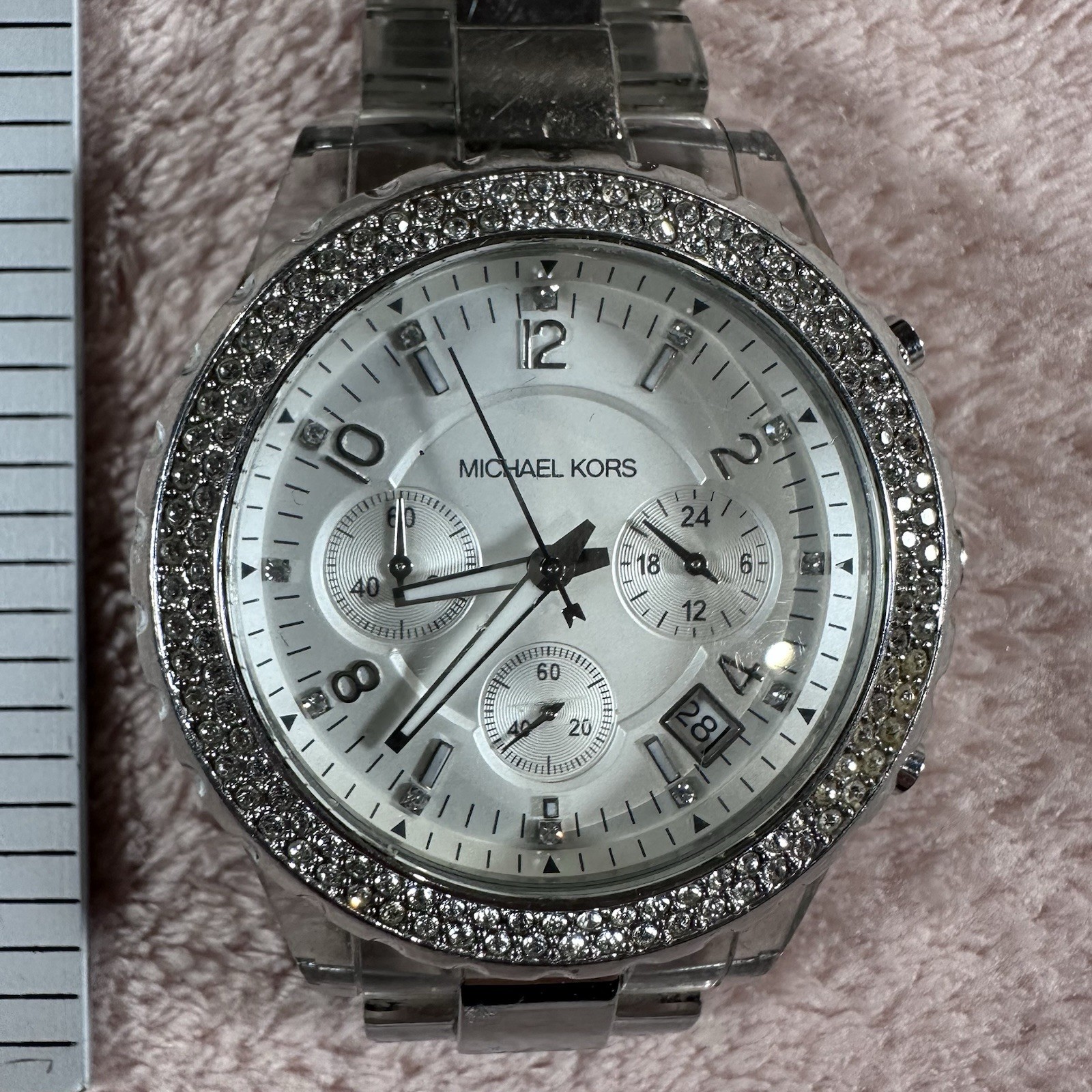 Michael Kors MK5397 Glitz Chronograph Womens Watch Silver Clear Acrylic Band