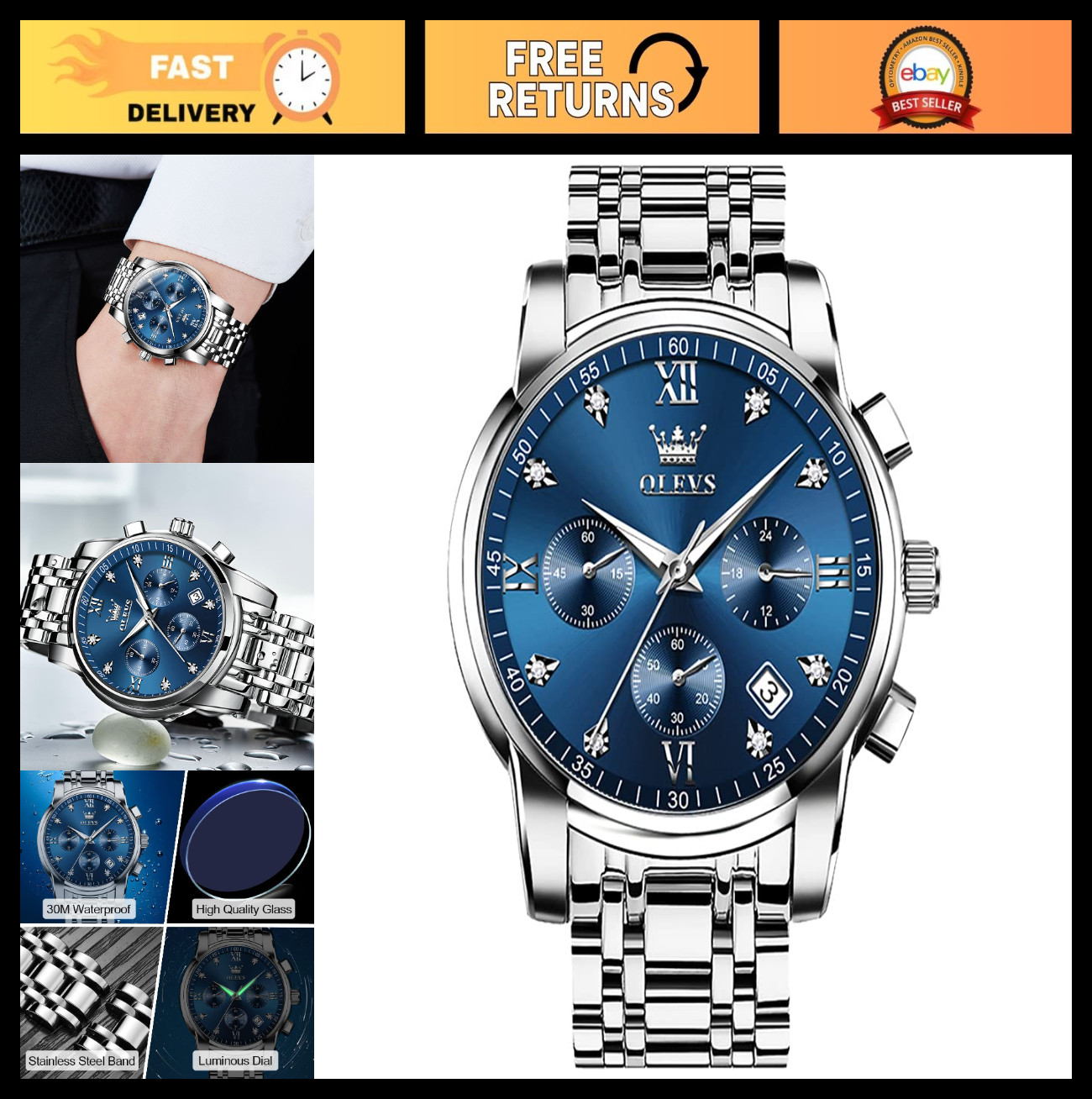 Men’s Luxury Stainless Steel Chronograph Watch – Big Face Analog Quartz, Waterpr