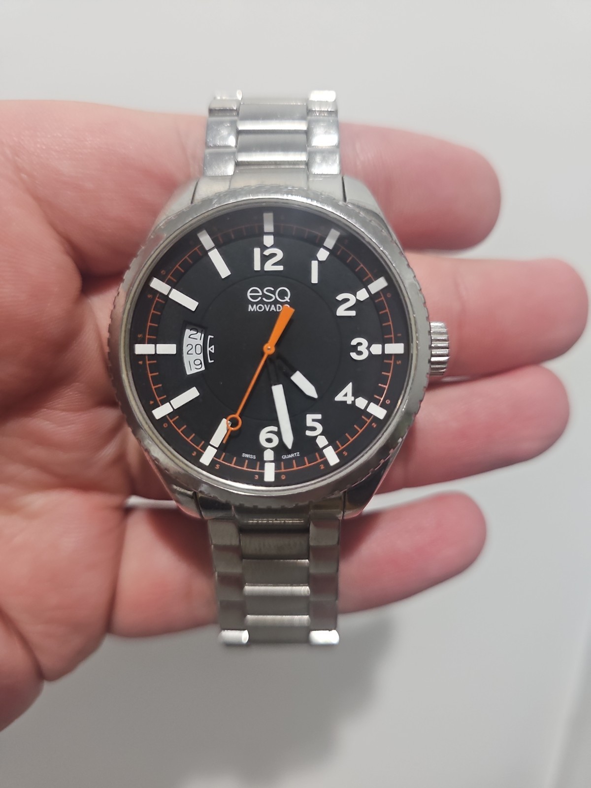 ESQ Movado Men’s Quartz Stainless Steel Black/Orange Date Watch 48mm No Box