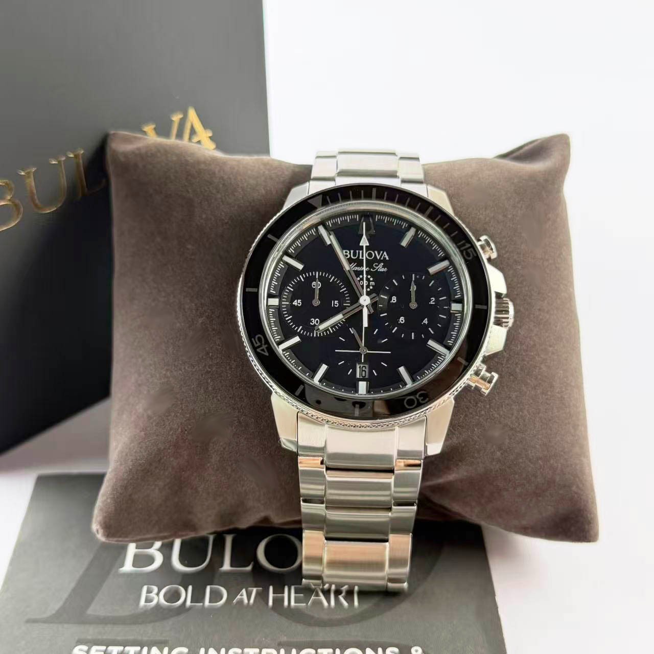 Bulova 45mm Marine Star Black Dial Stainless Steel Men’s Quartz Watch 96B272