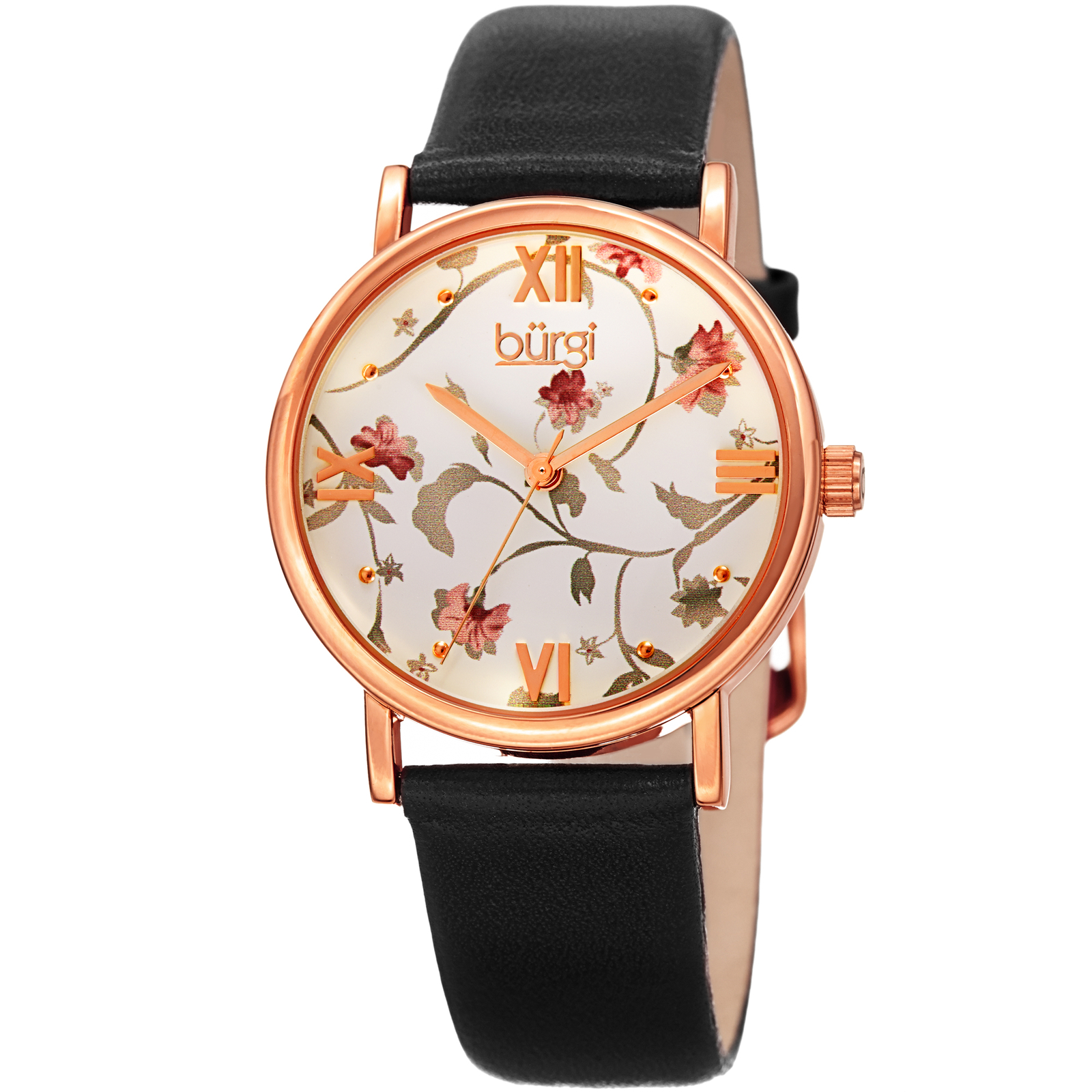 Women’s Burgi BUR186BK Null Floral Print Gold Tone Black Leather Strap Watch